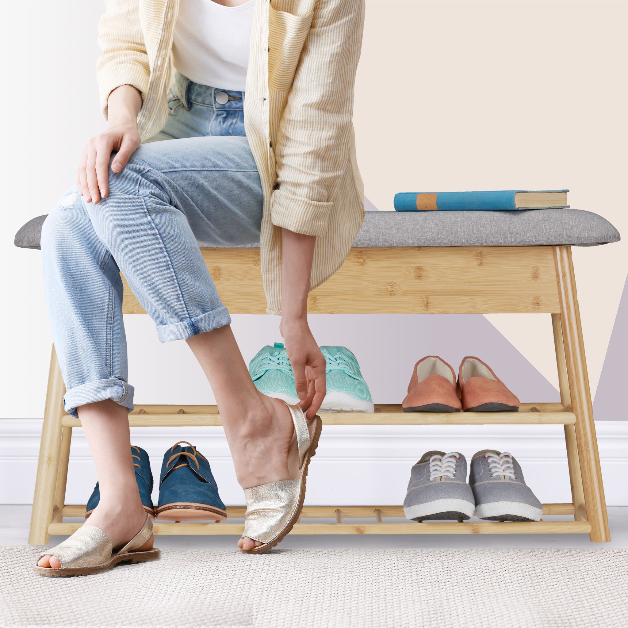 Schuhbank mit Sitzfläche und Stauraum Hellbraun-Grau von Relaxdays