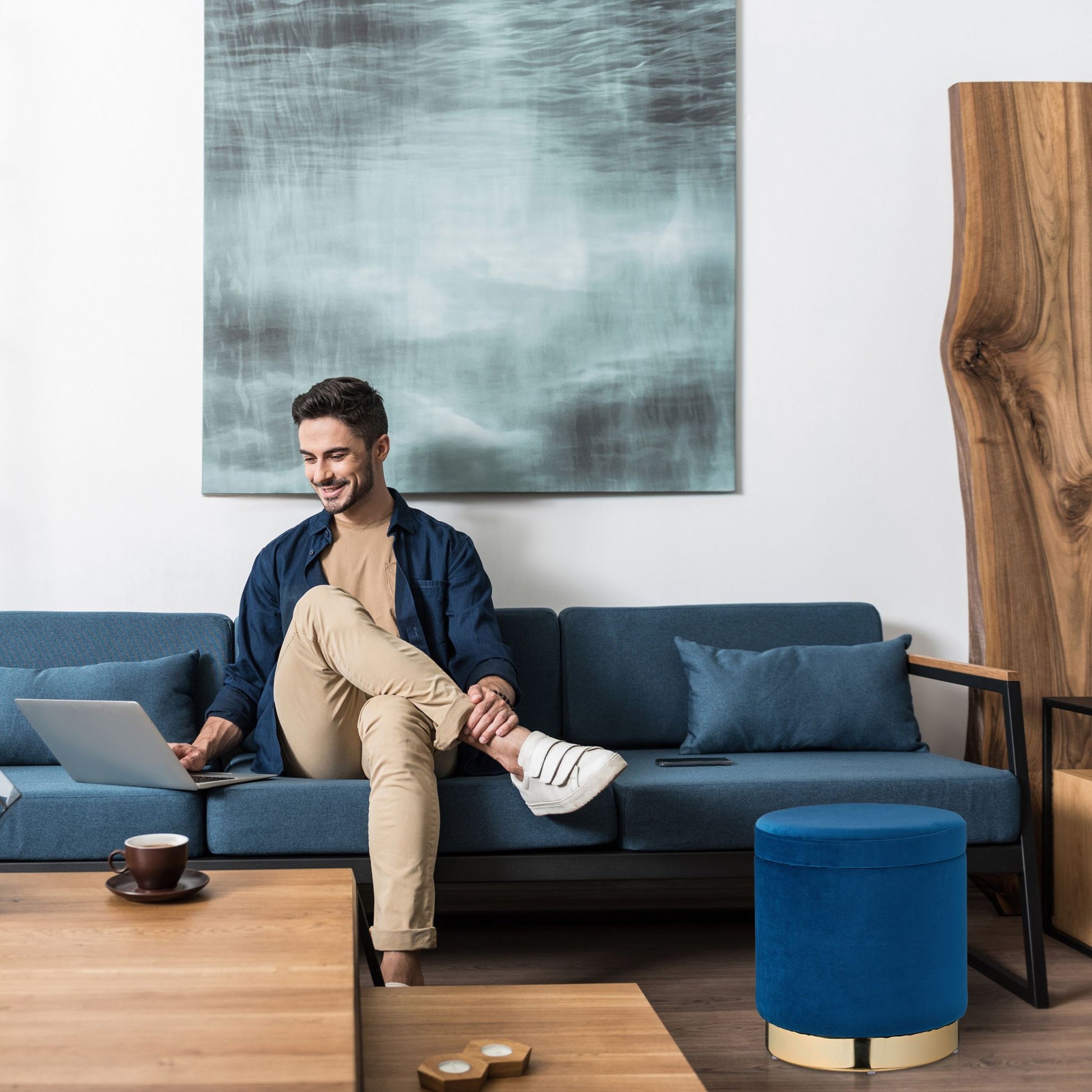 Samthocker mit Stauraum blau Dunkelblau-Gold von Relaxdays