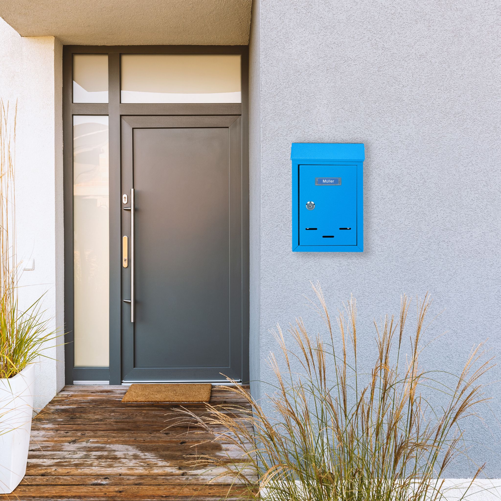 Briefkasten mit Namensschild Blau von Relaxdays