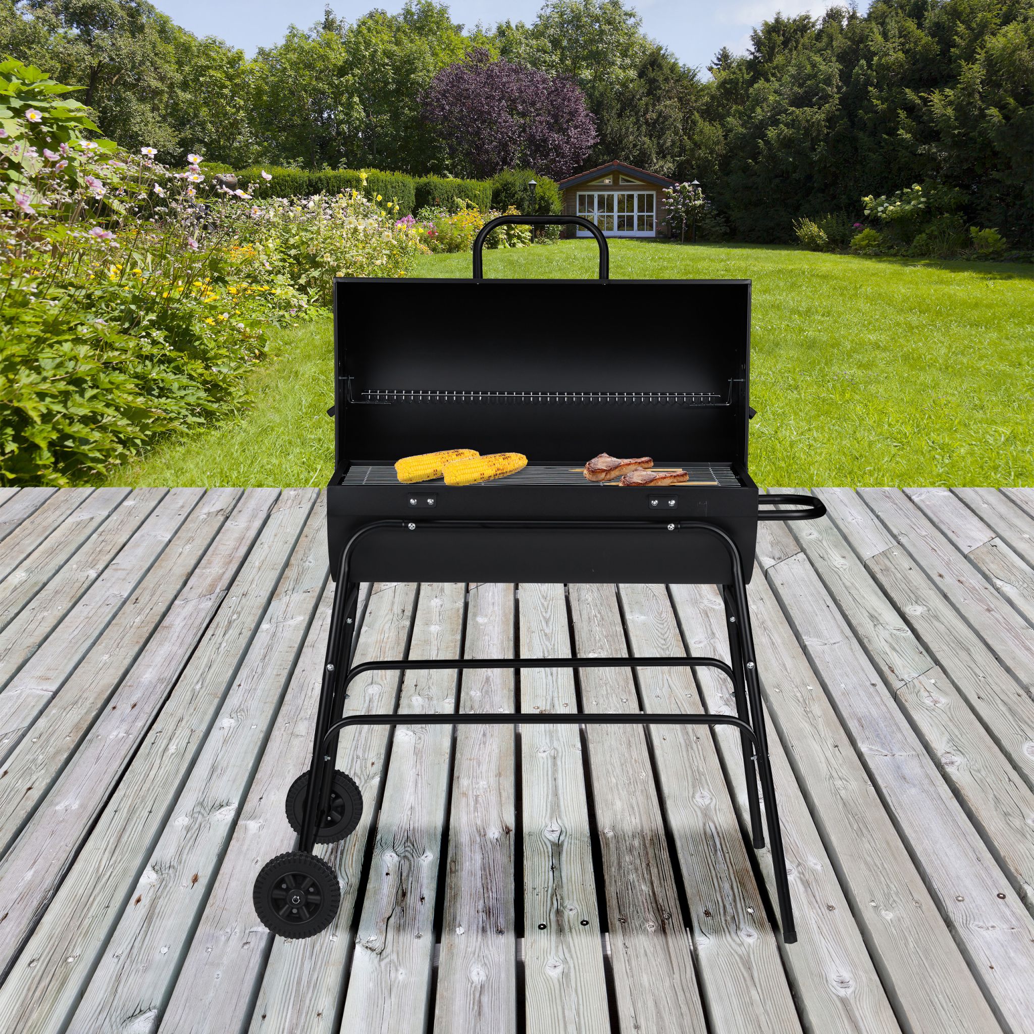 Holzkohlegrill mit Deckel Schwarz-Silber von Relaxdays