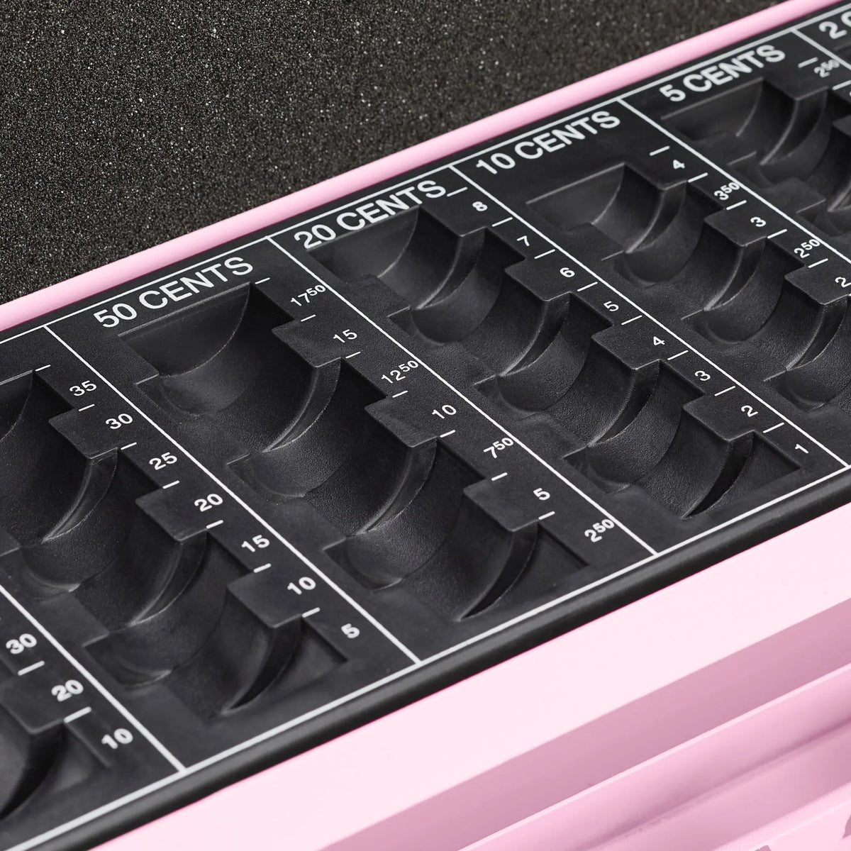 Geldkassette mit Euro Münzzählbrett Rosa-Silber von Relaxdays