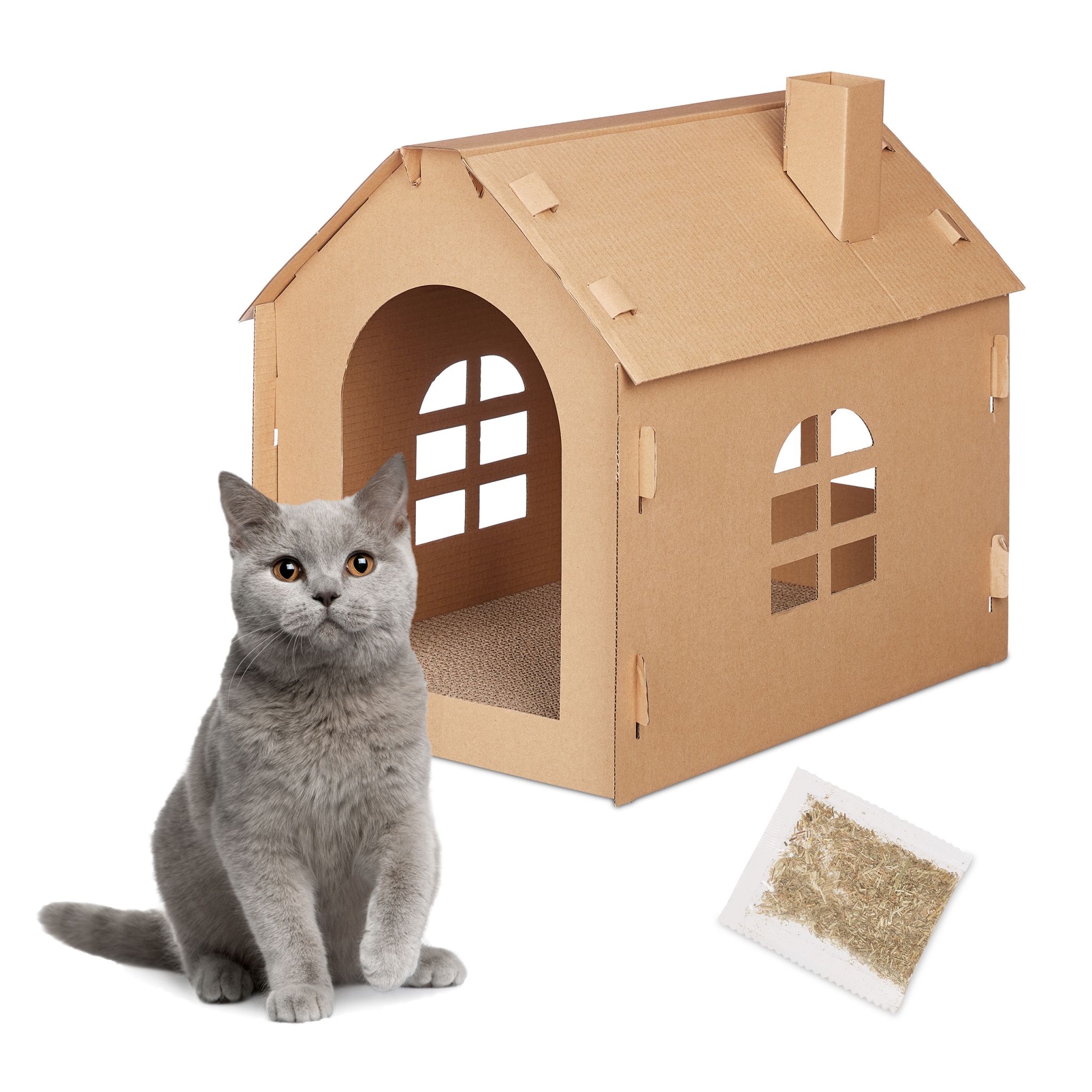 Katzenhaus Pappe mit Kratzbrett Hellbraun von Relaxdays