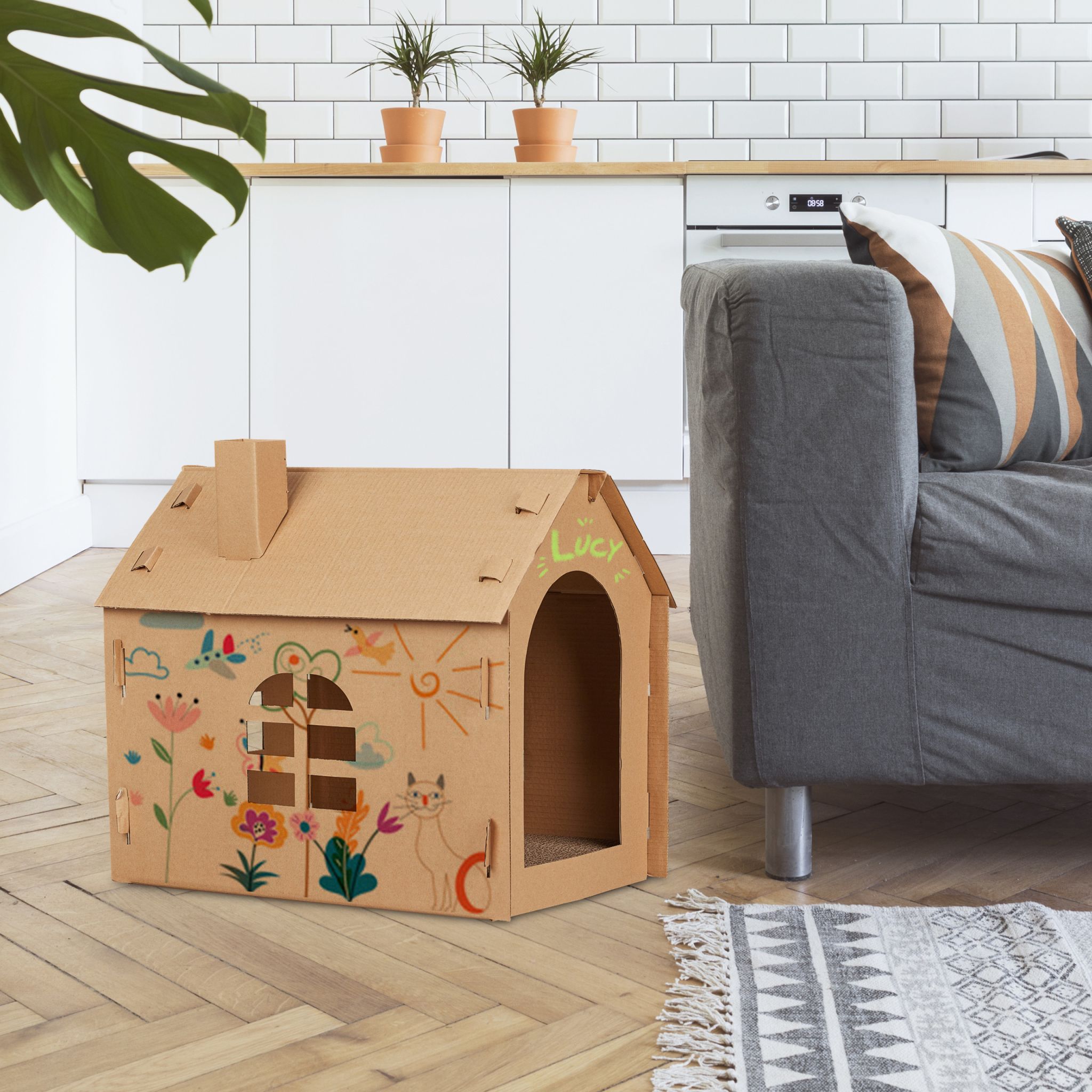 Katzenhaus Pappe mit Kratzbrett Hellbraun von Relaxdays