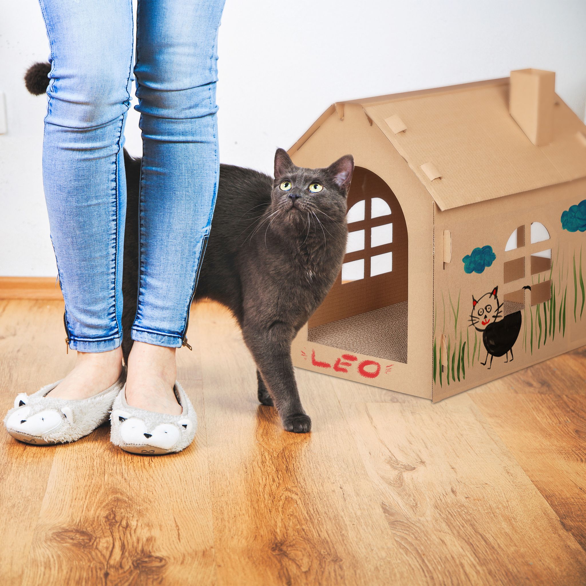 Katzenhaus Pappe mit Kratzbrett Hellbraun von Relaxdays