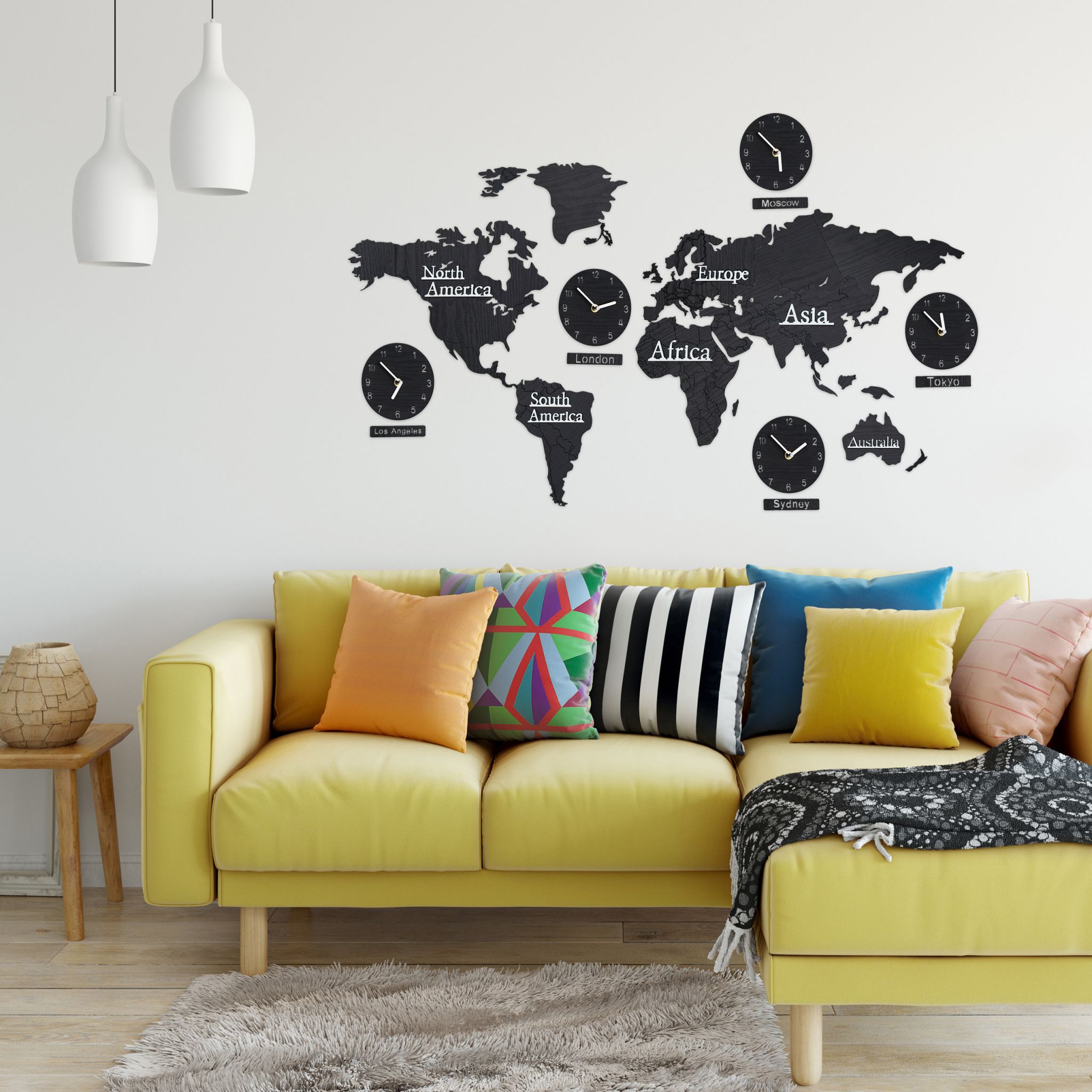 Weltkarte Holz mit 5 Uhren Schwarz-Silber von Relaxdays