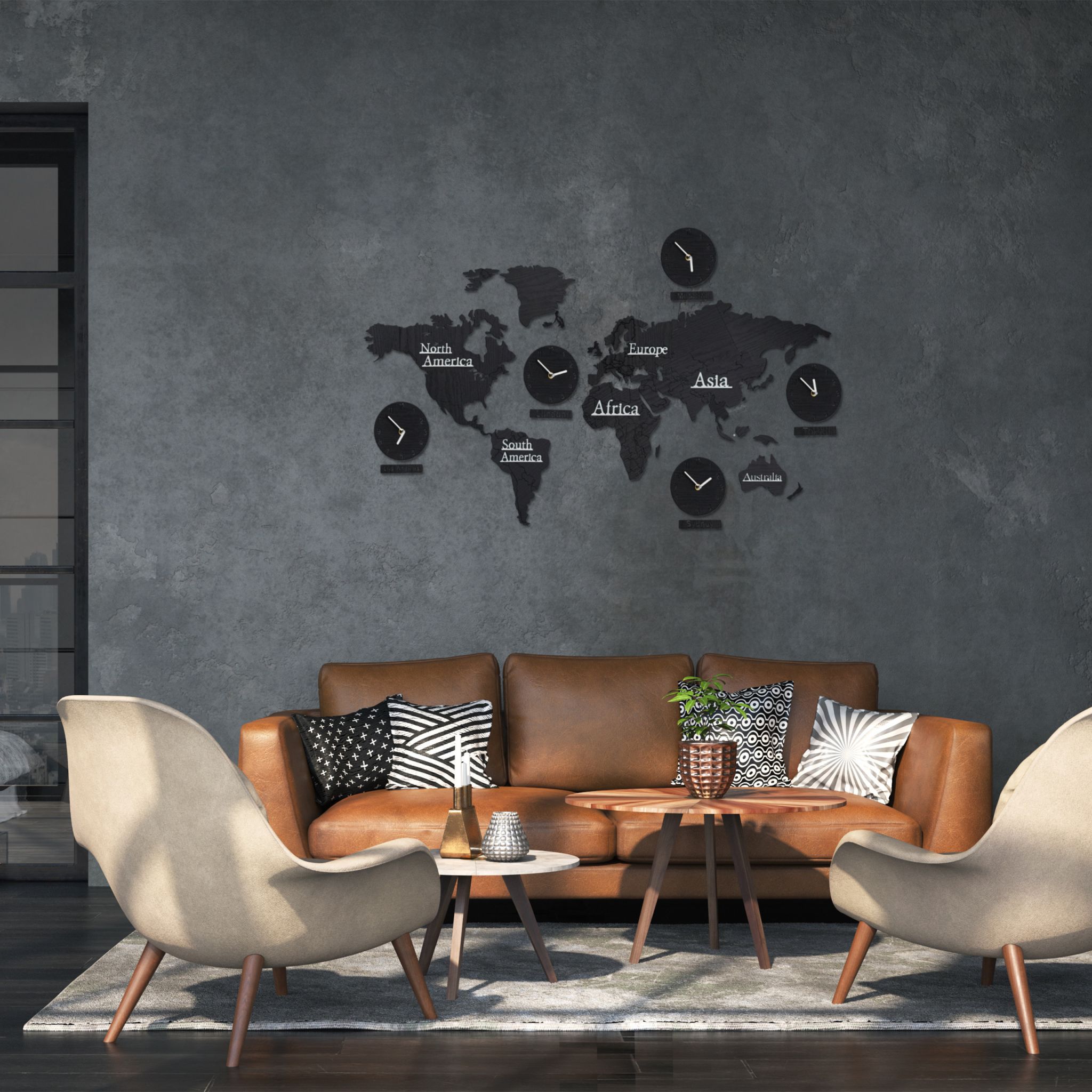Weltkarte Holz mit 5 Uhren Schwarz-Silber von Relaxdays