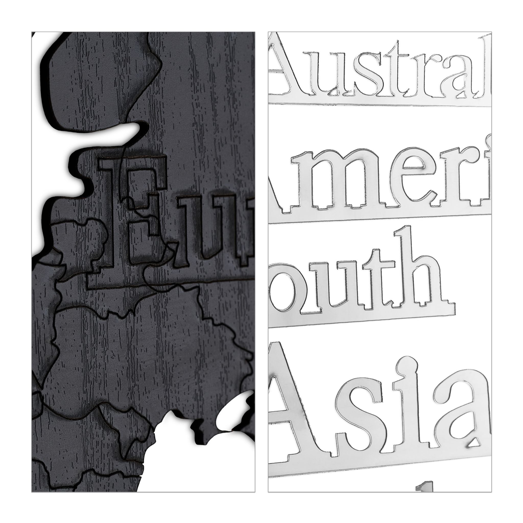 Weltkarte Holz mit 5 Uhren Schwarz-Silber von Relaxdays