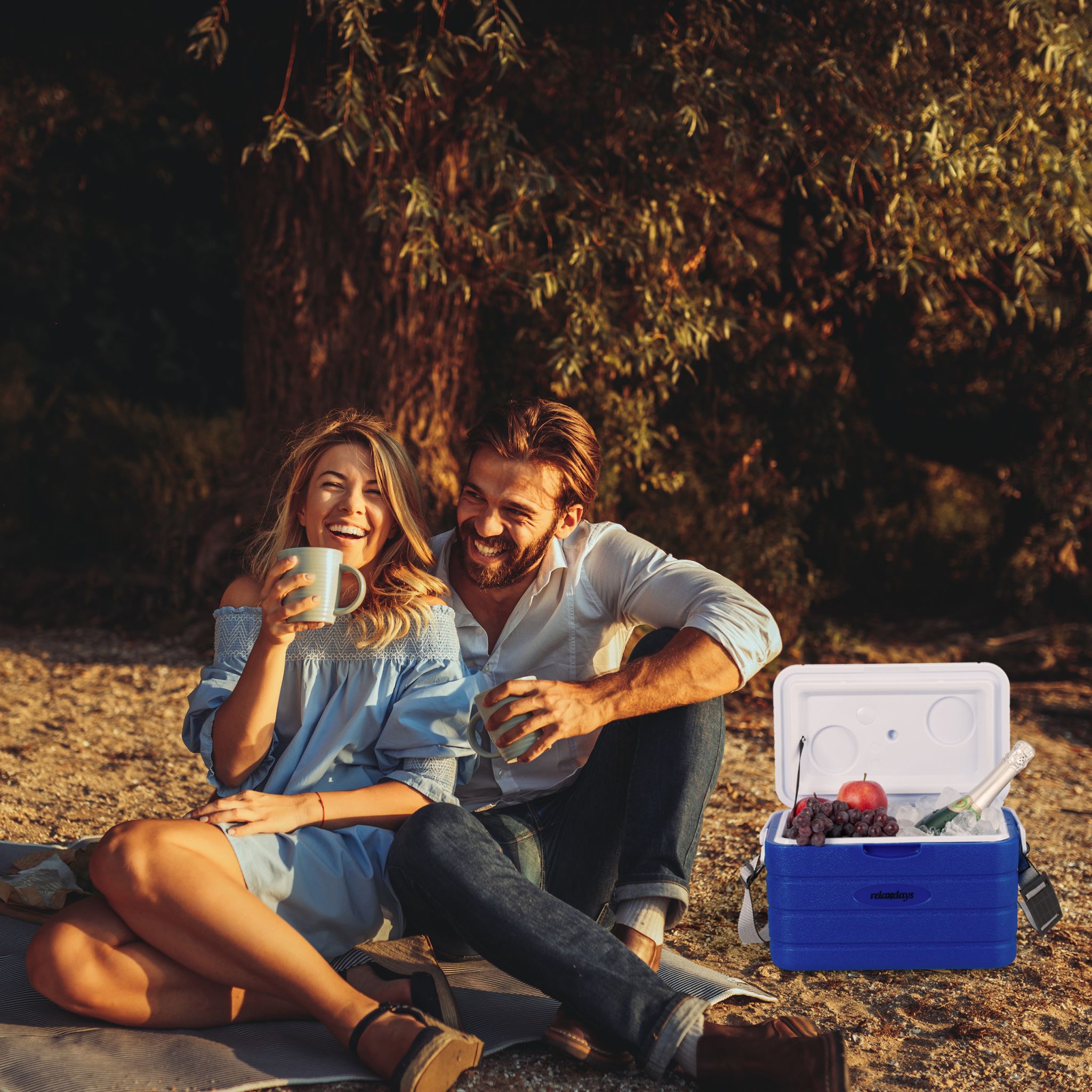 Kühlbox 10L mit Tragegurt Weiss-Blau von Relaxdays