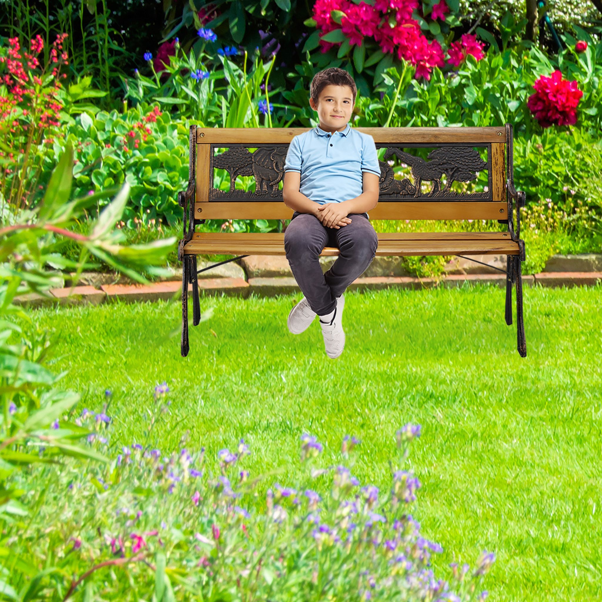 Kinder Gartenbank mit Tier-Motiv Braun-Schwarz von Relaxdays