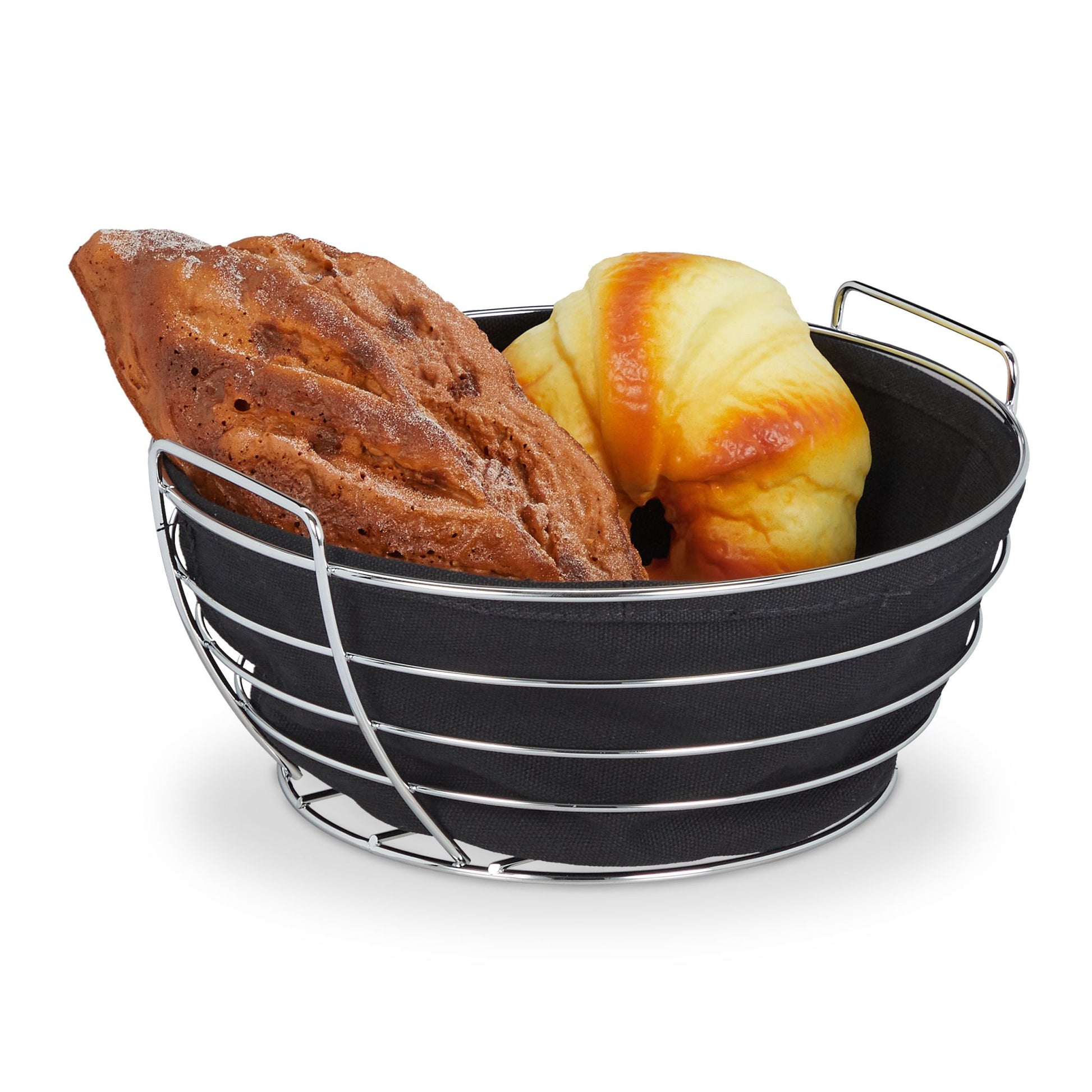 Runder Brotkorb Metall mit Stoffeinsatz Schwarz-Silber von Relaxdays