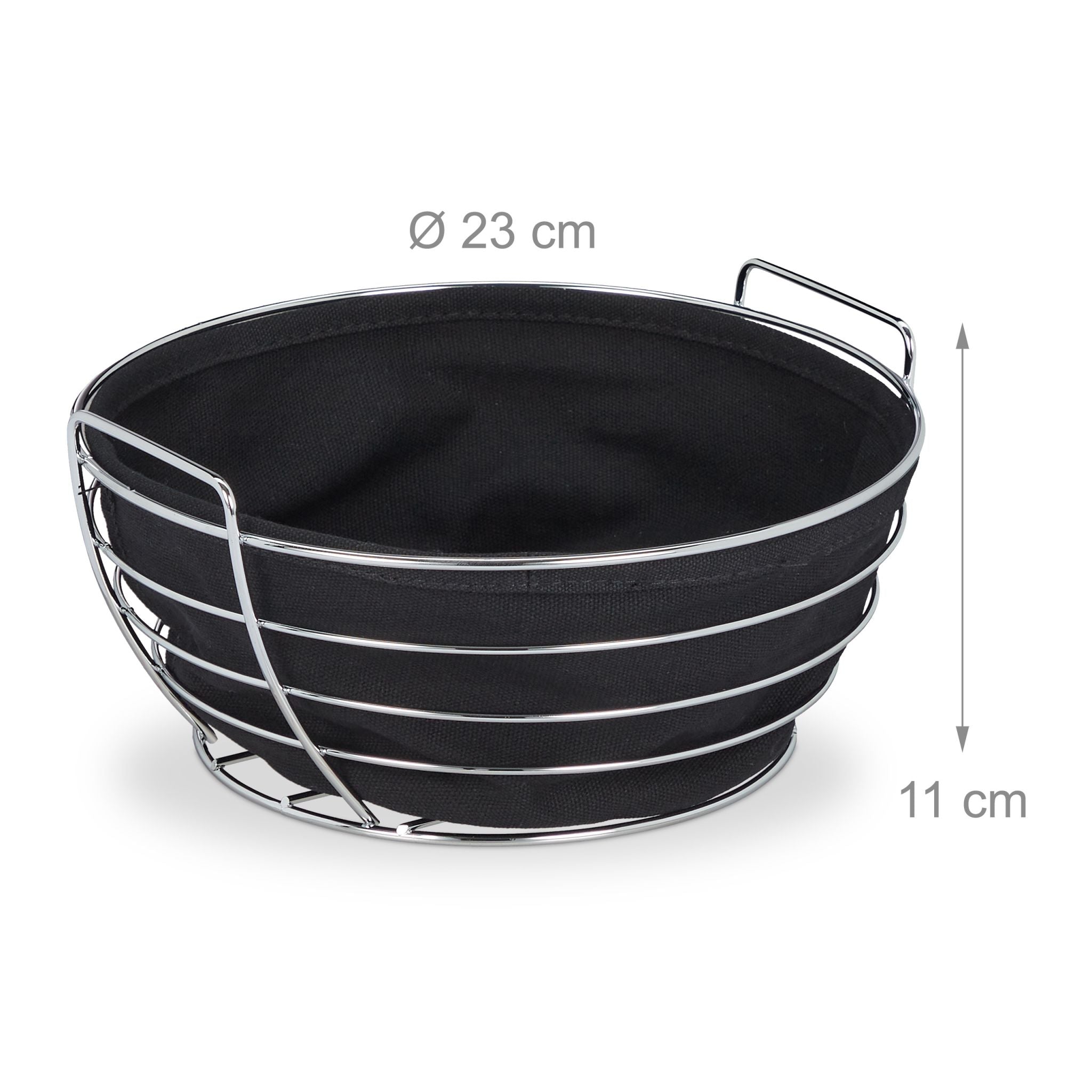 Runder Brotkorb Metall mit Stoffeinsatz Schwarz-Silber von Relaxdays
