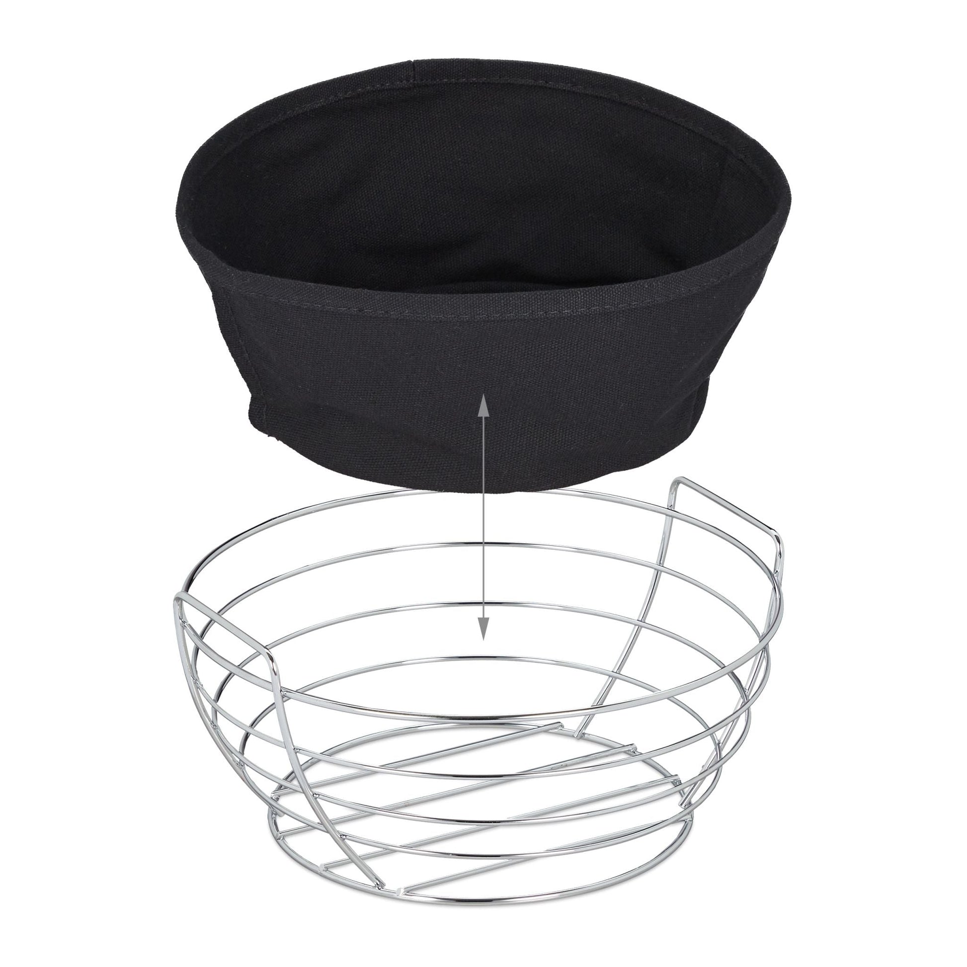 Runder Brotkorb Metall mit Stoffeinsatz Schwarz-Silber von Relaxdays