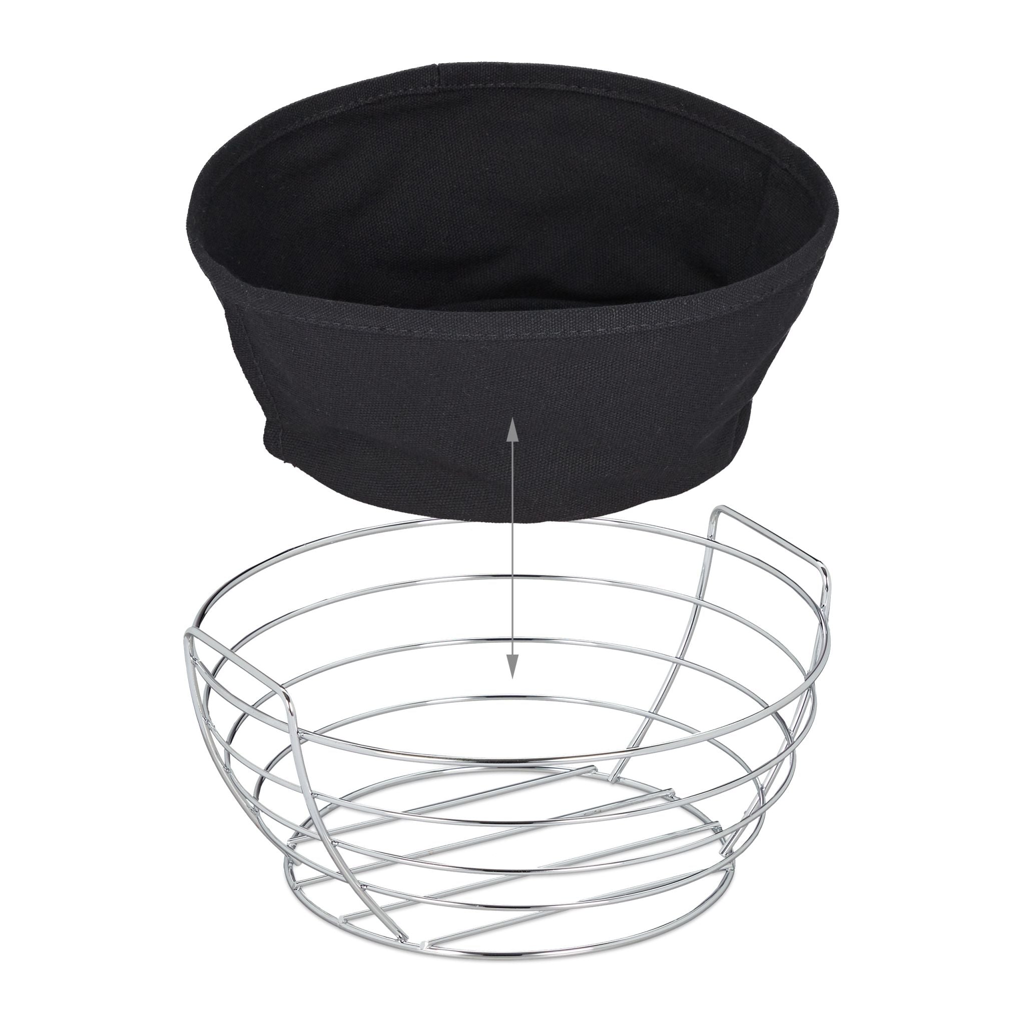 Runder Brotkorb Metall mit Stoffeinsatz Schwarz-Silber von Relaxdays