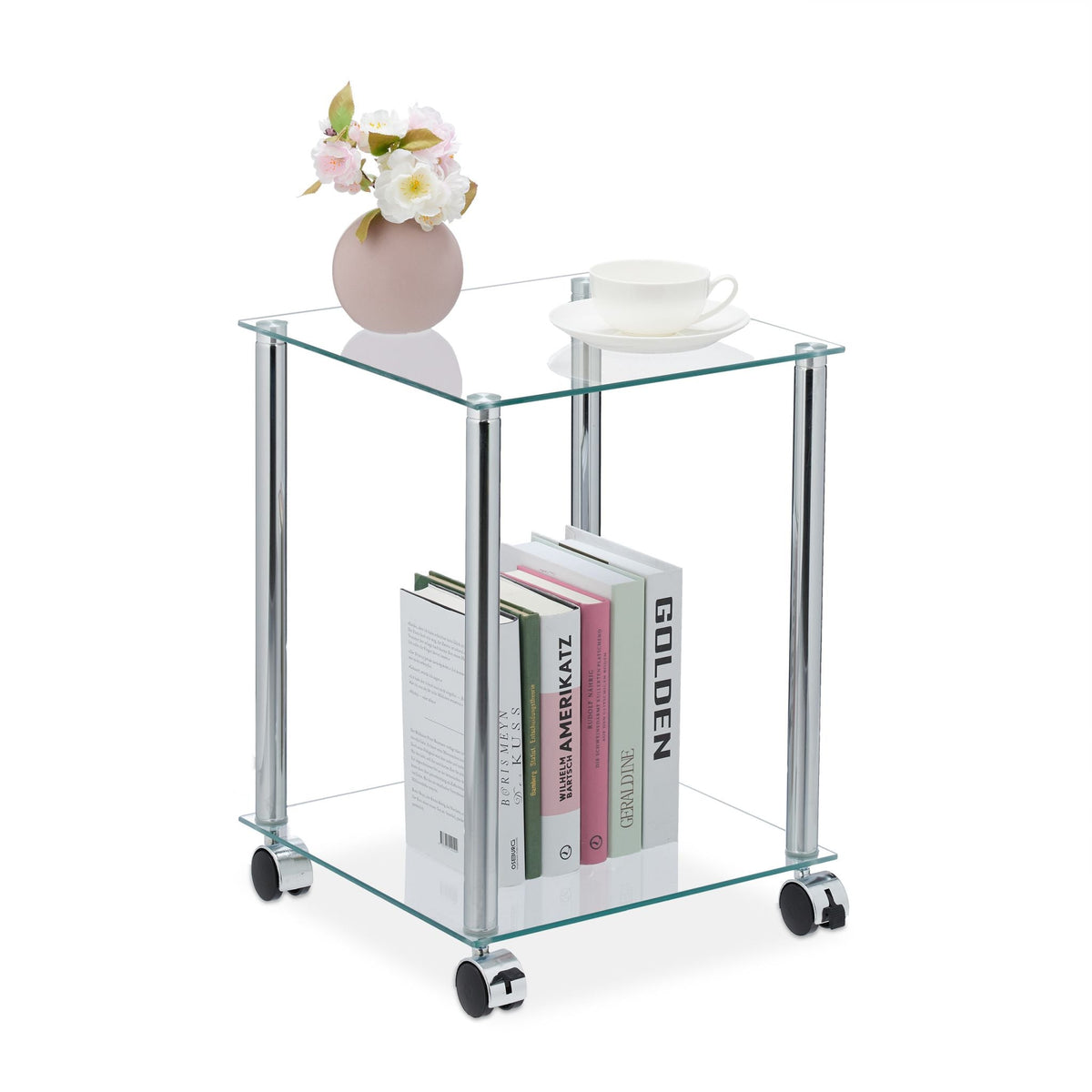 Glas Beistelltisch mit Rollen Schwarz-Silber-Transparent von Relaxdays