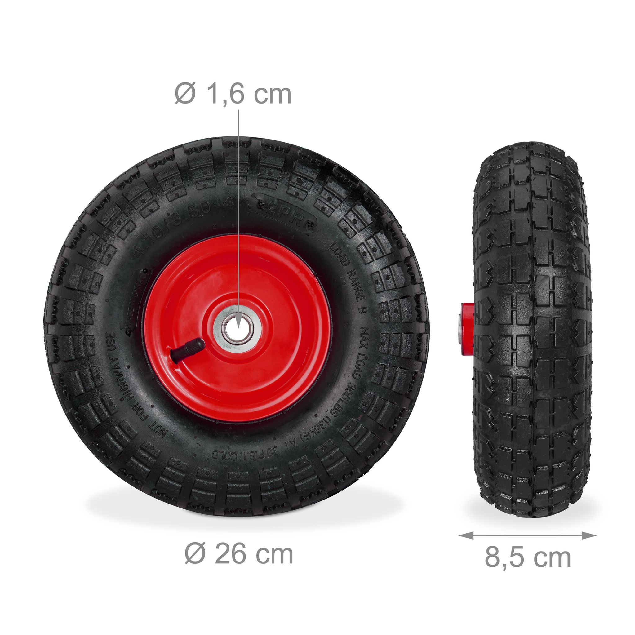 Sackkarrenrad 2er-Set 4.10 3.50-4 Rot-Schwarz von Relaxdays