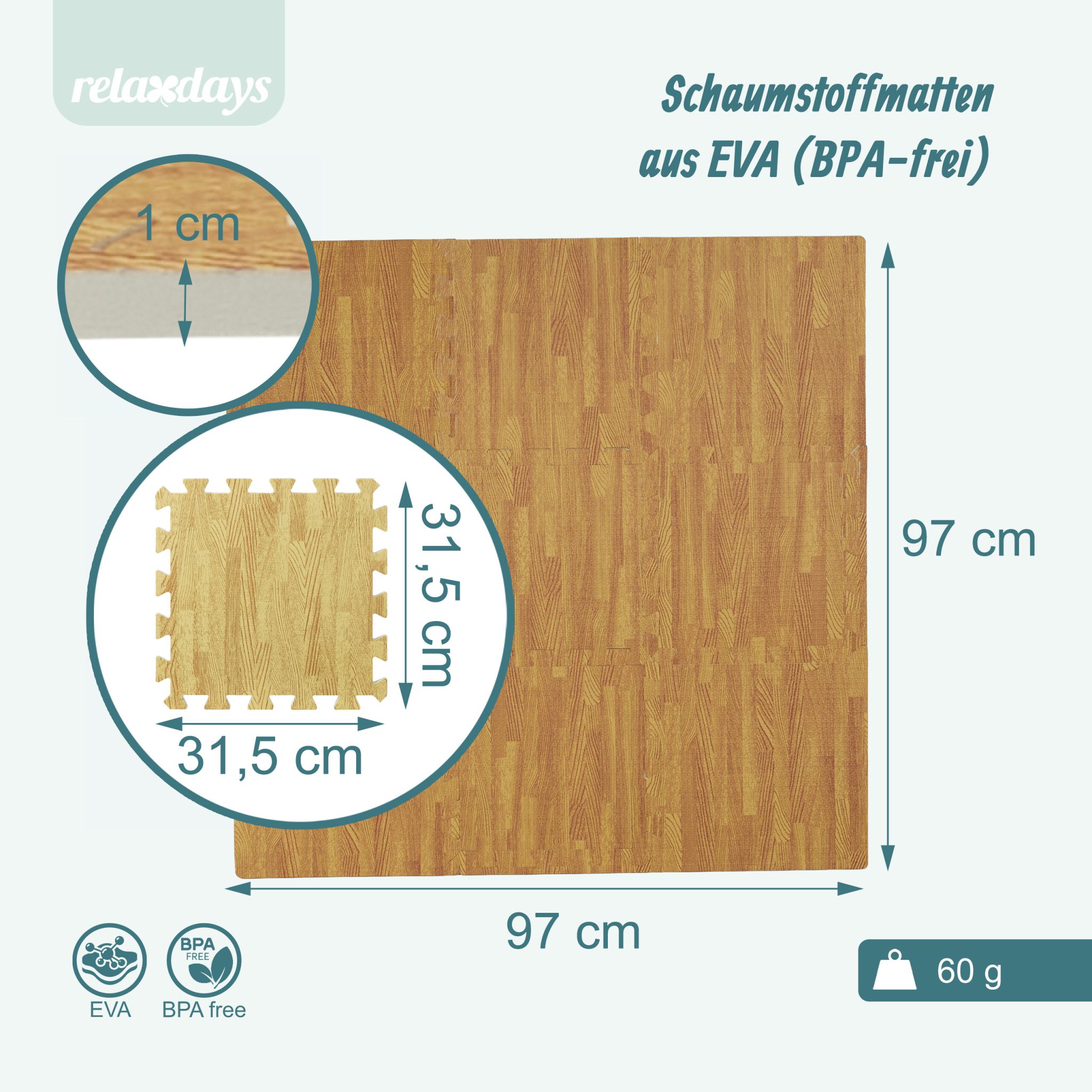 Bodenschutzmatte in Holzoptik 9er-Set Hellbraun von Relaxdays