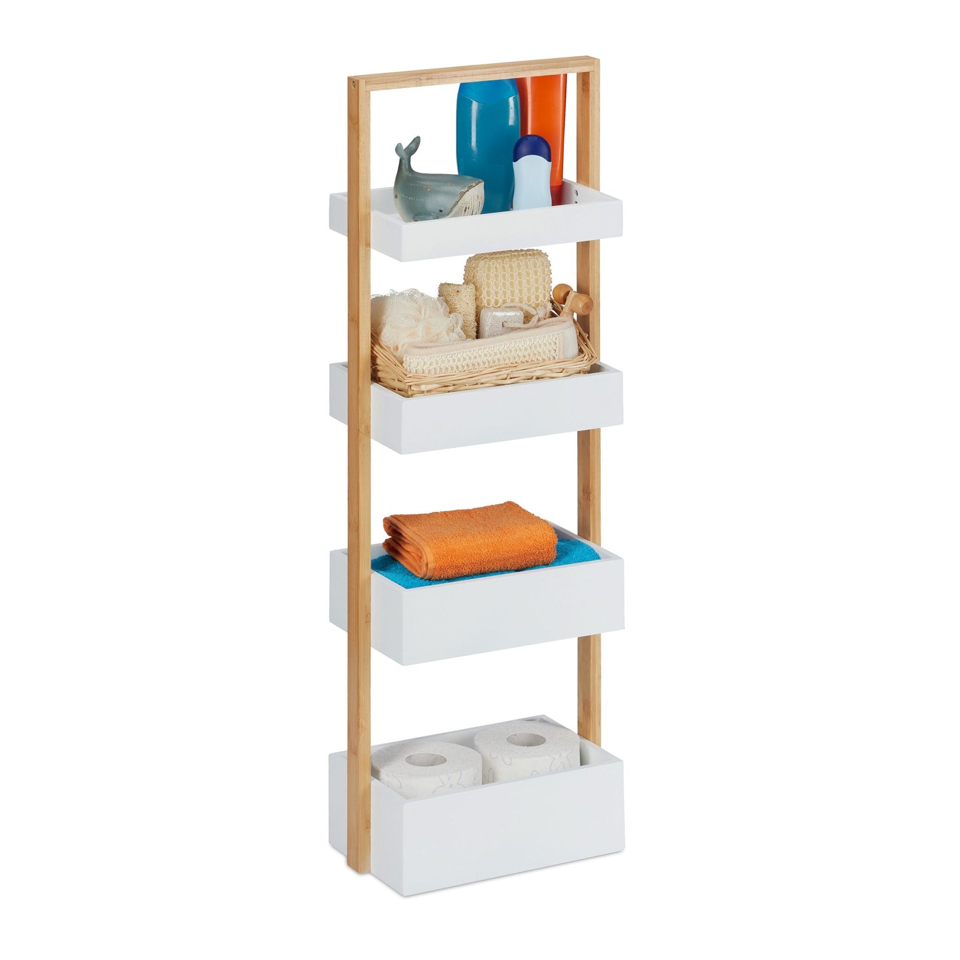 Badregal mit 4 Ablagen Weiss-Hellbraun von Relaxdays
