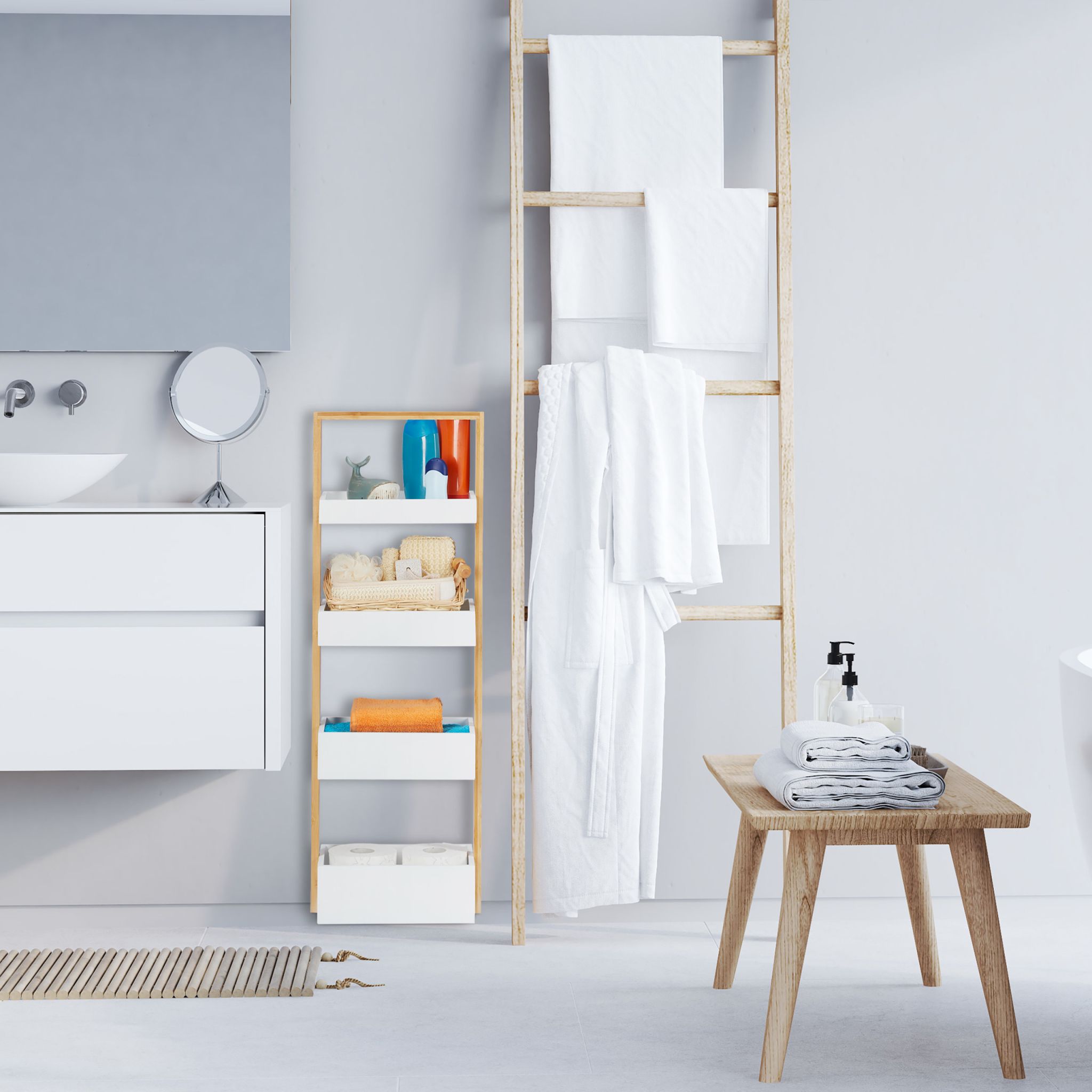Badregal mit 4 Ablagen Weiss-Hellbraun von Relaxdays