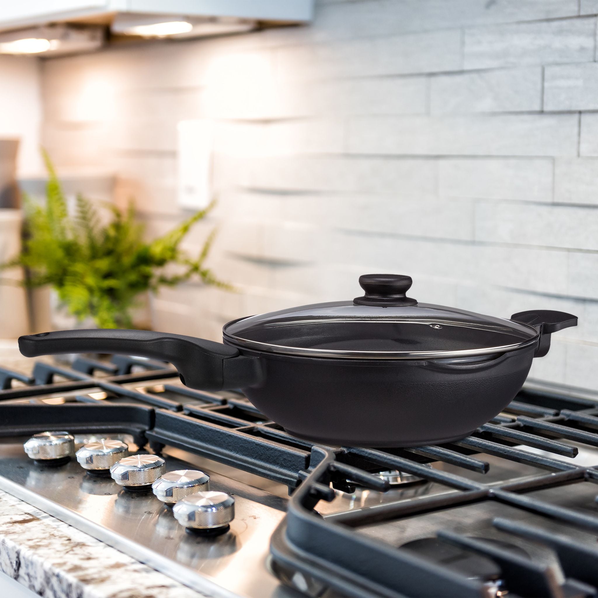 Wok mit Deckel Induktion Schwarz-Silber-Transparent