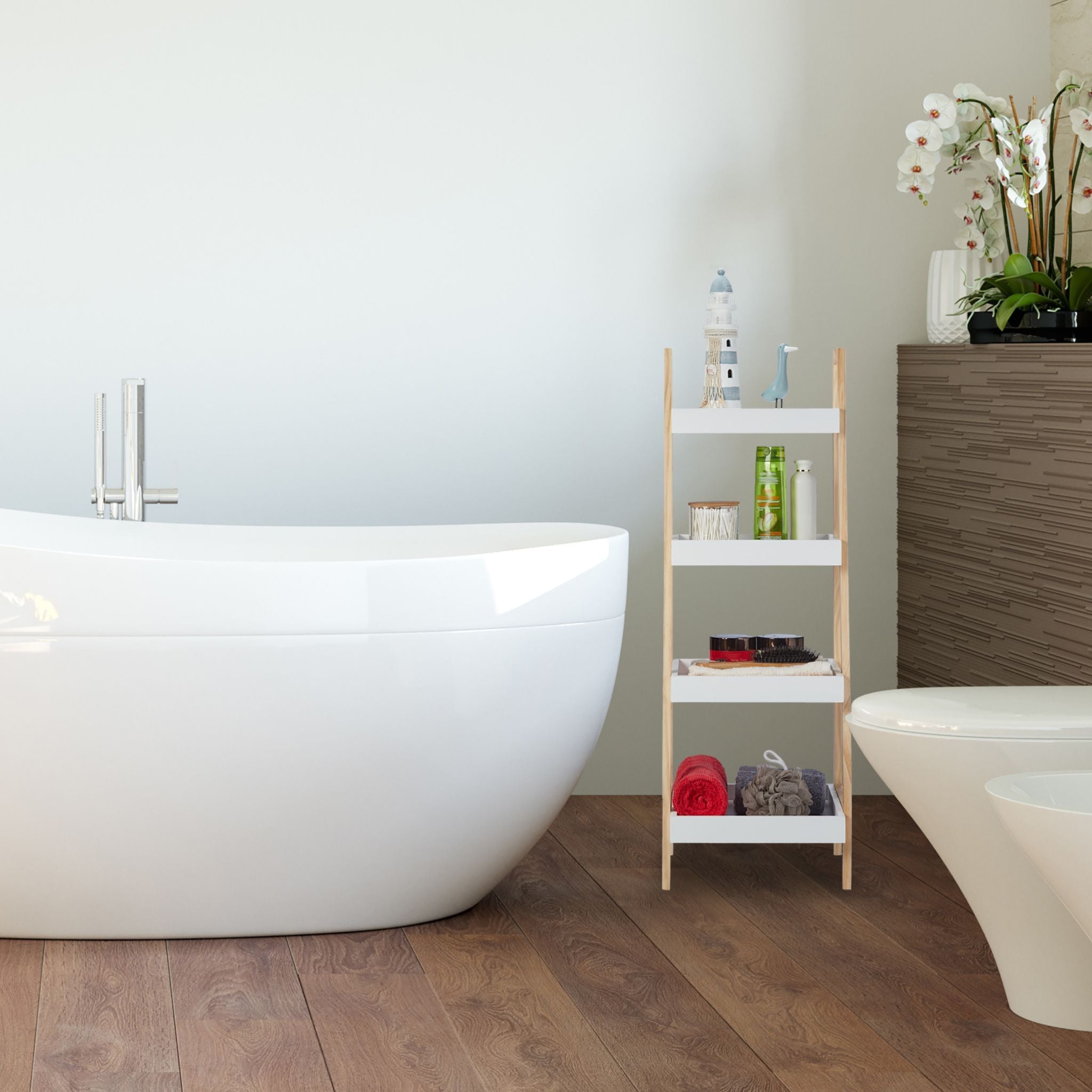 Badregal Leiter weiss Weiss-Hellbraun von Relaxdays