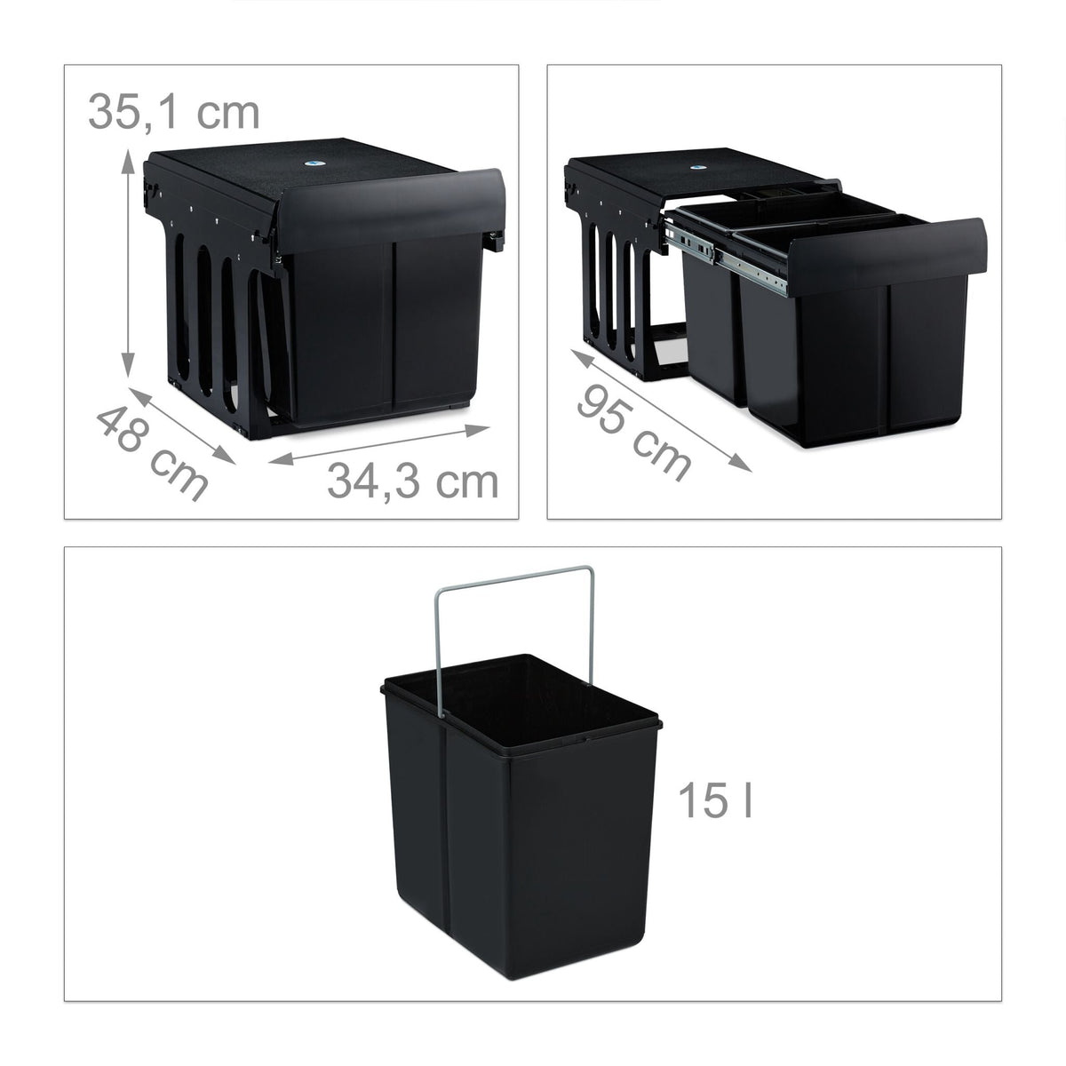 Einbaumülleimer 2x15L schwarz Schwarz von Relaxdays