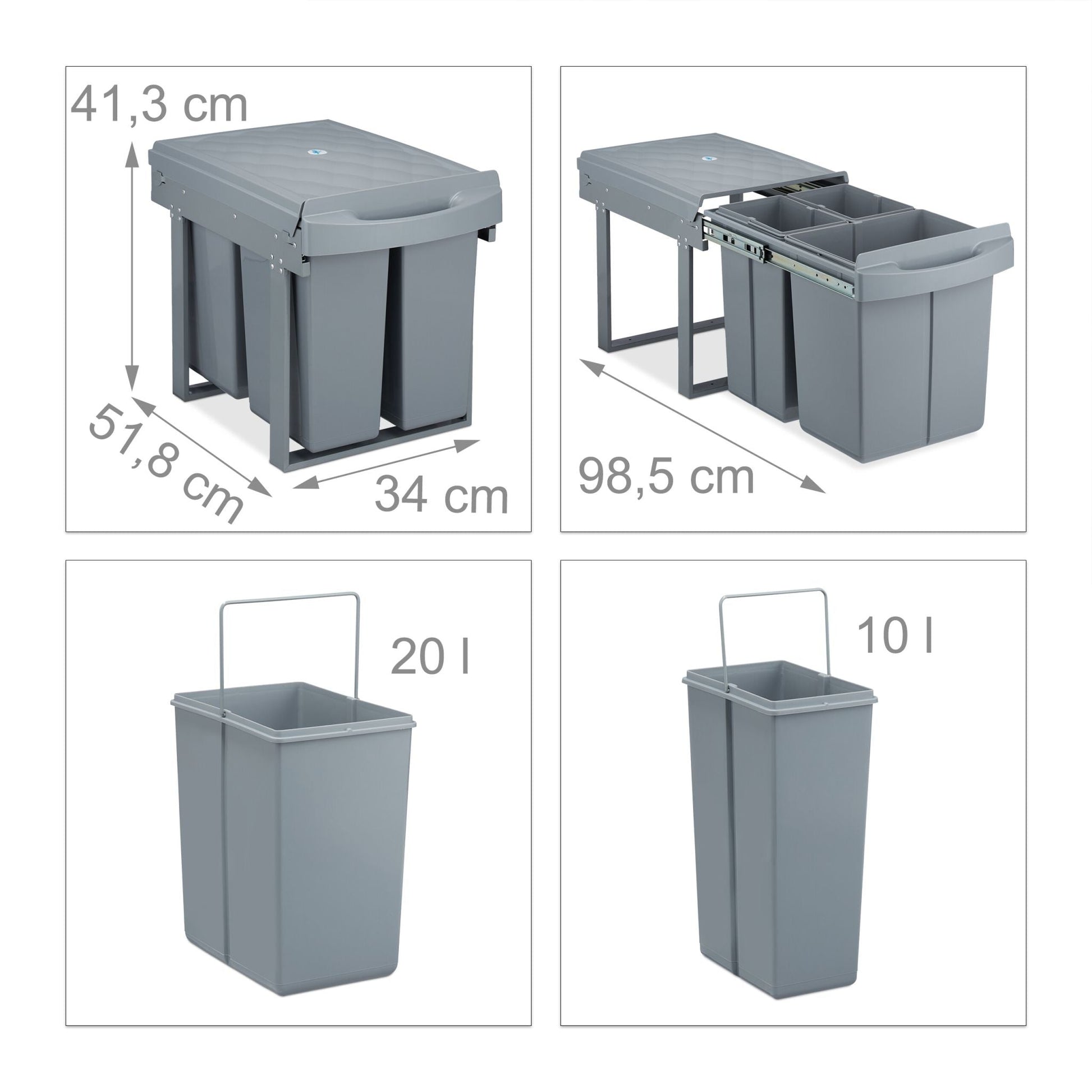 Einbaumülleimer 1x 20l & 2x 10l Grau von Relaxdays