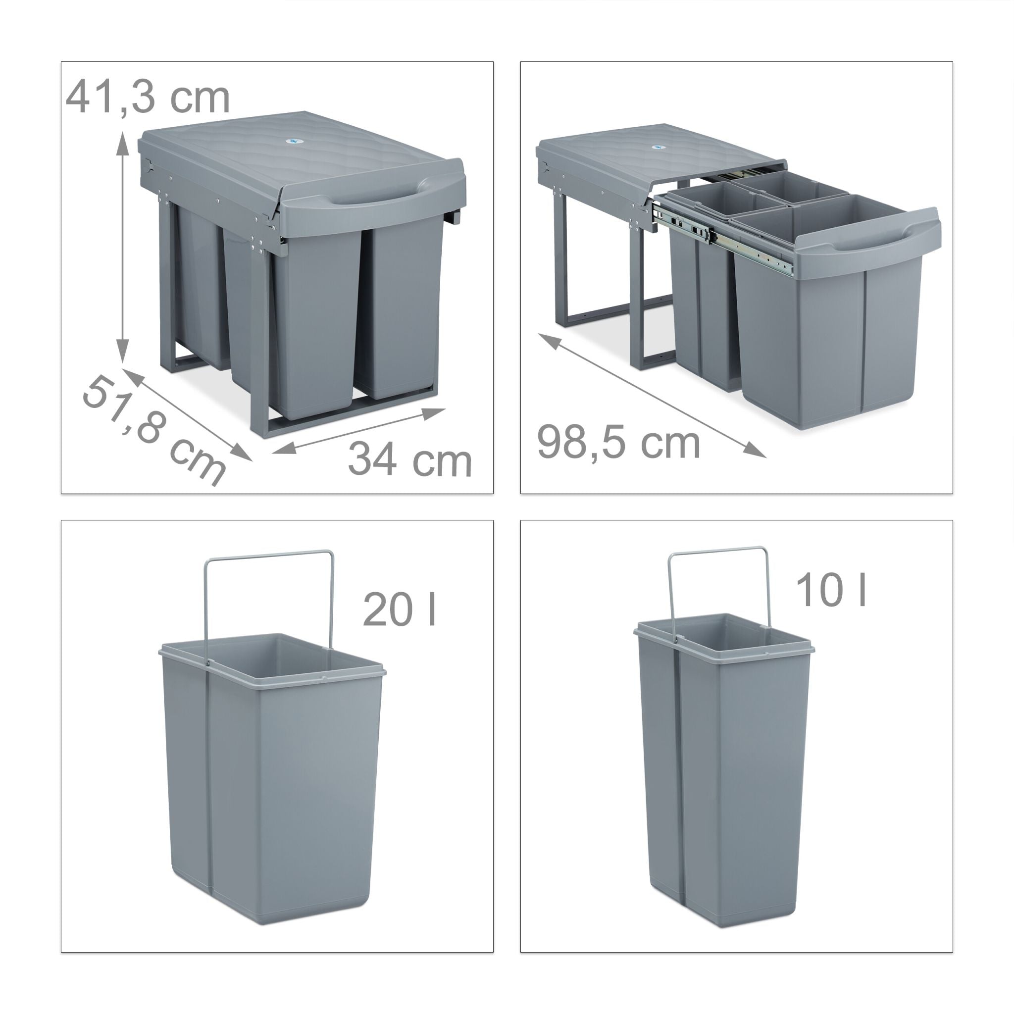 Einbaumülleimer 1x 20l & 2x 10l Grau von Relaxdays