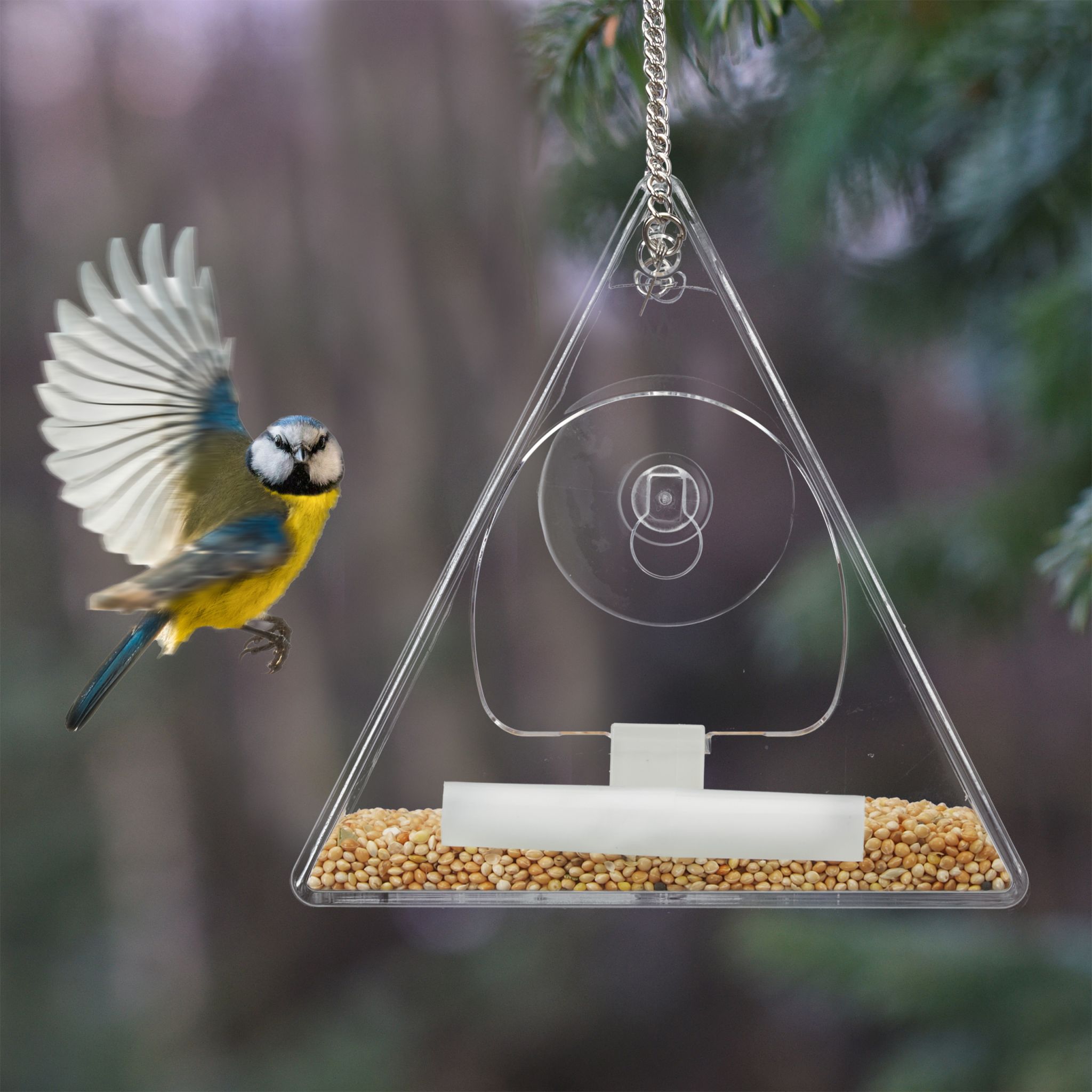 Vogelfutterhaus für Fenster dreieckig Silber-Transparent