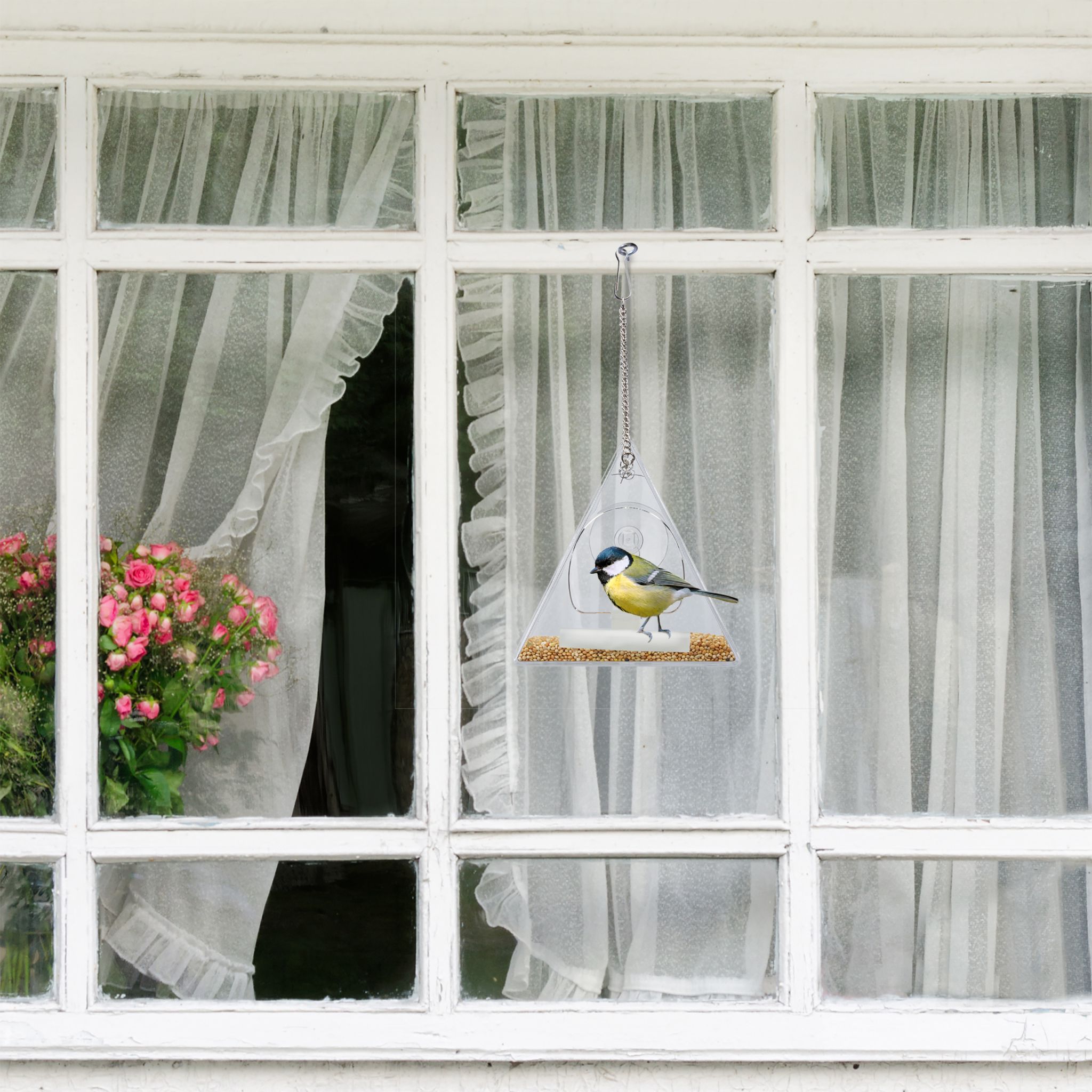 Vogelfutterhaus für Fenster dreieckig Silber-Transparent