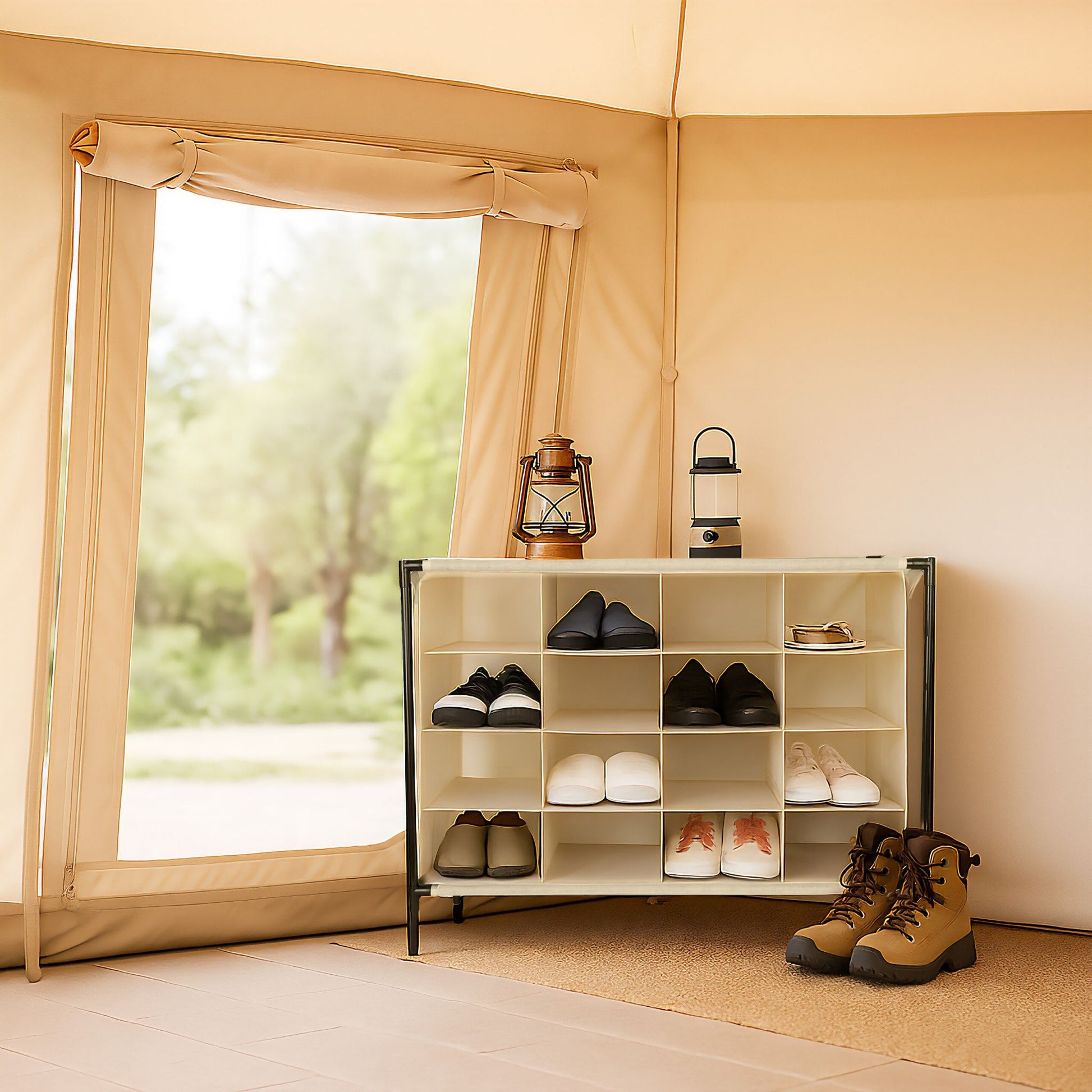 Camping Schuhregal 16 Fächer Beige-Schwarz von Relaxdays