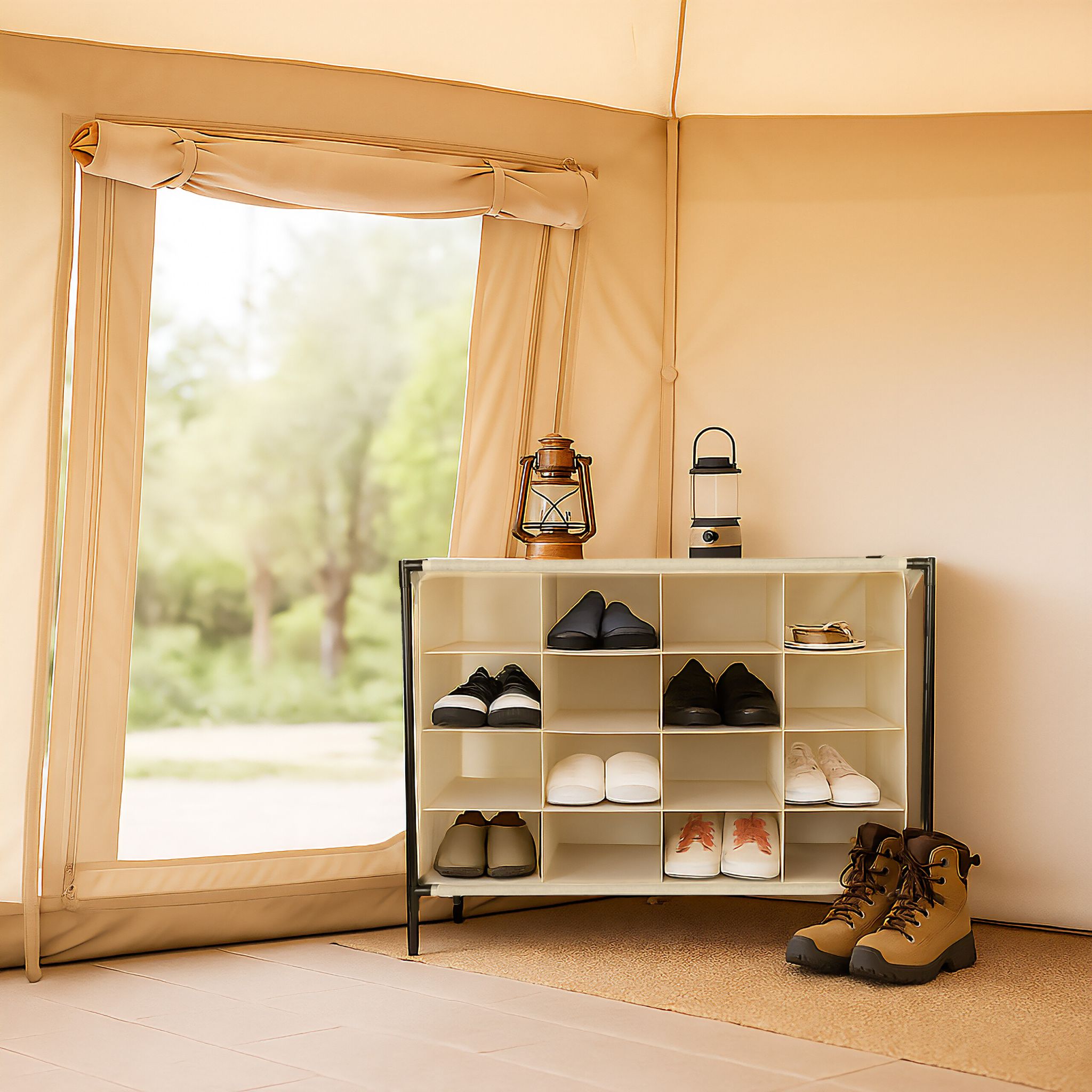 Camping Schuhregal 16 Fächer Beige-Schwarz von Relaxdays