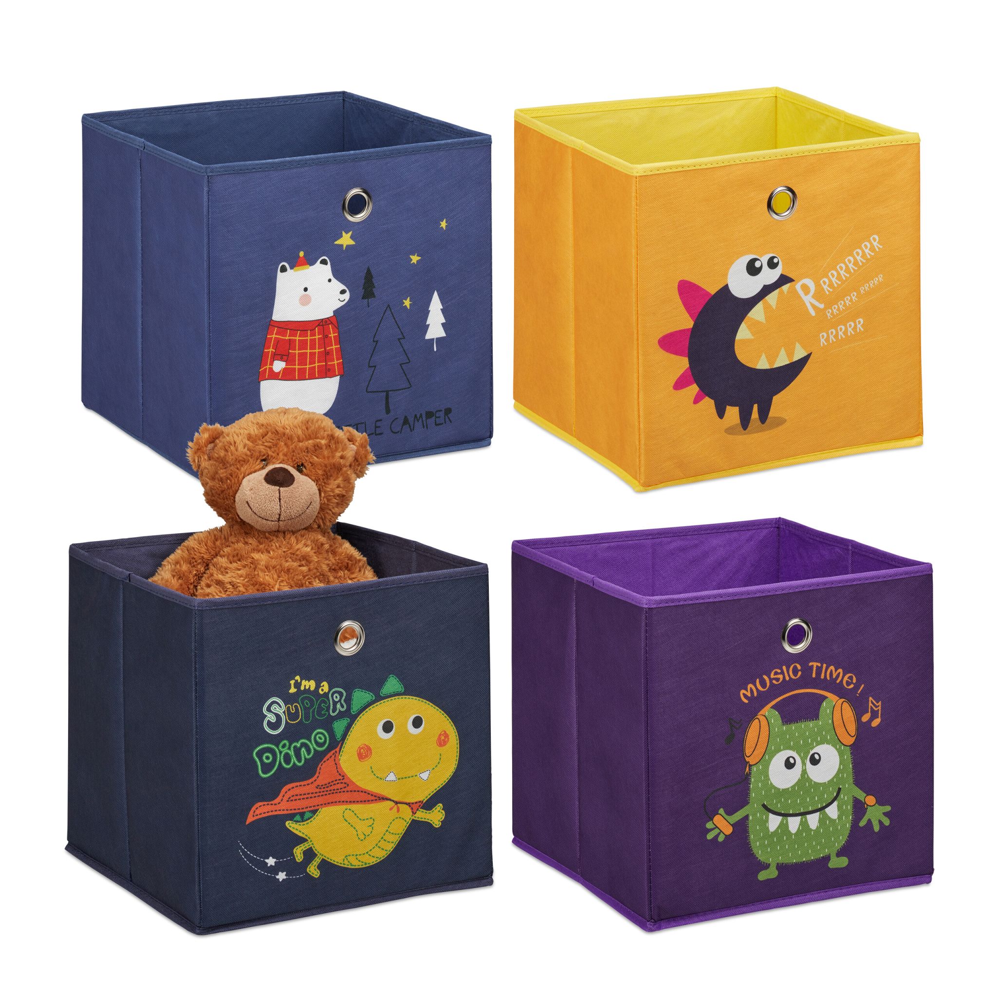 Kinder Aufbewahrungsboxen 4er-Set Dunkelblau-Gelb-Lila von Relaxdays