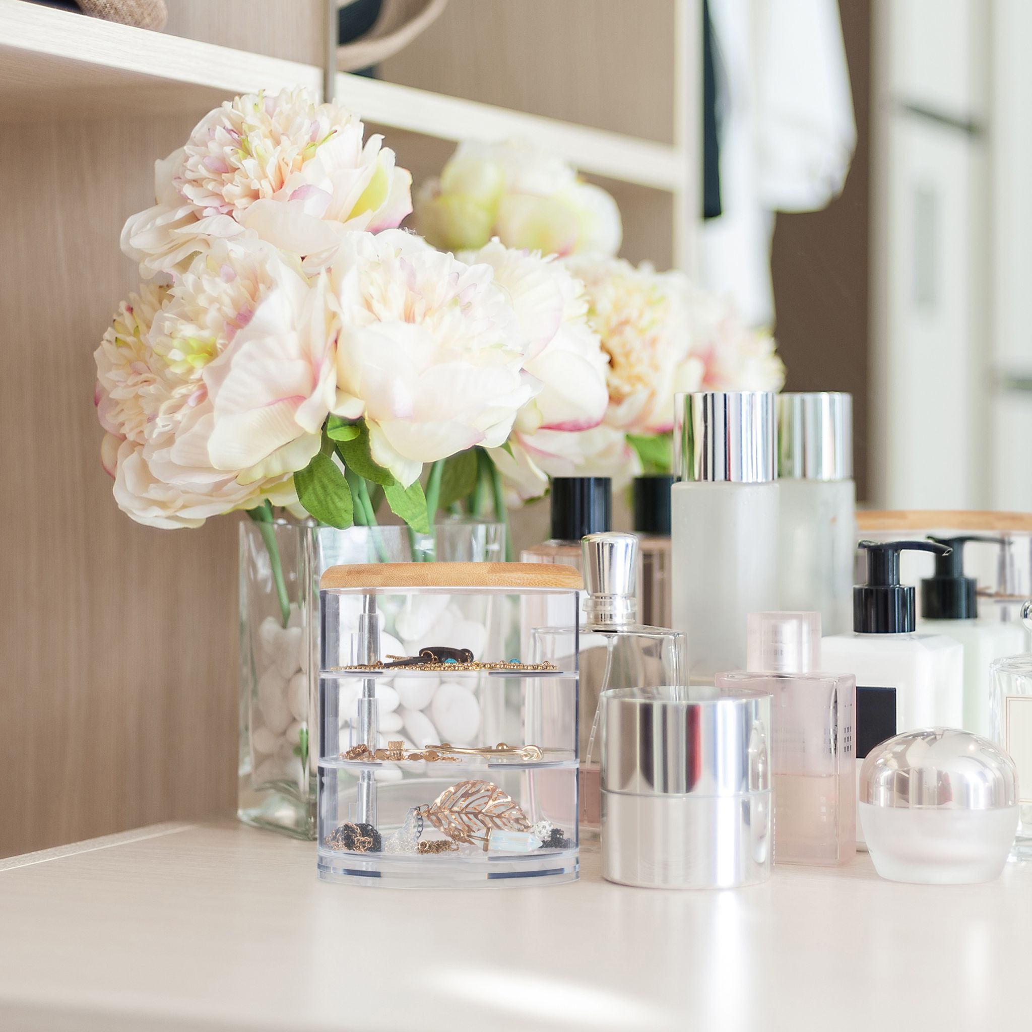 Make Up Organizer mit 3 Fächern Hellbraun-Transparent von Relaxdays