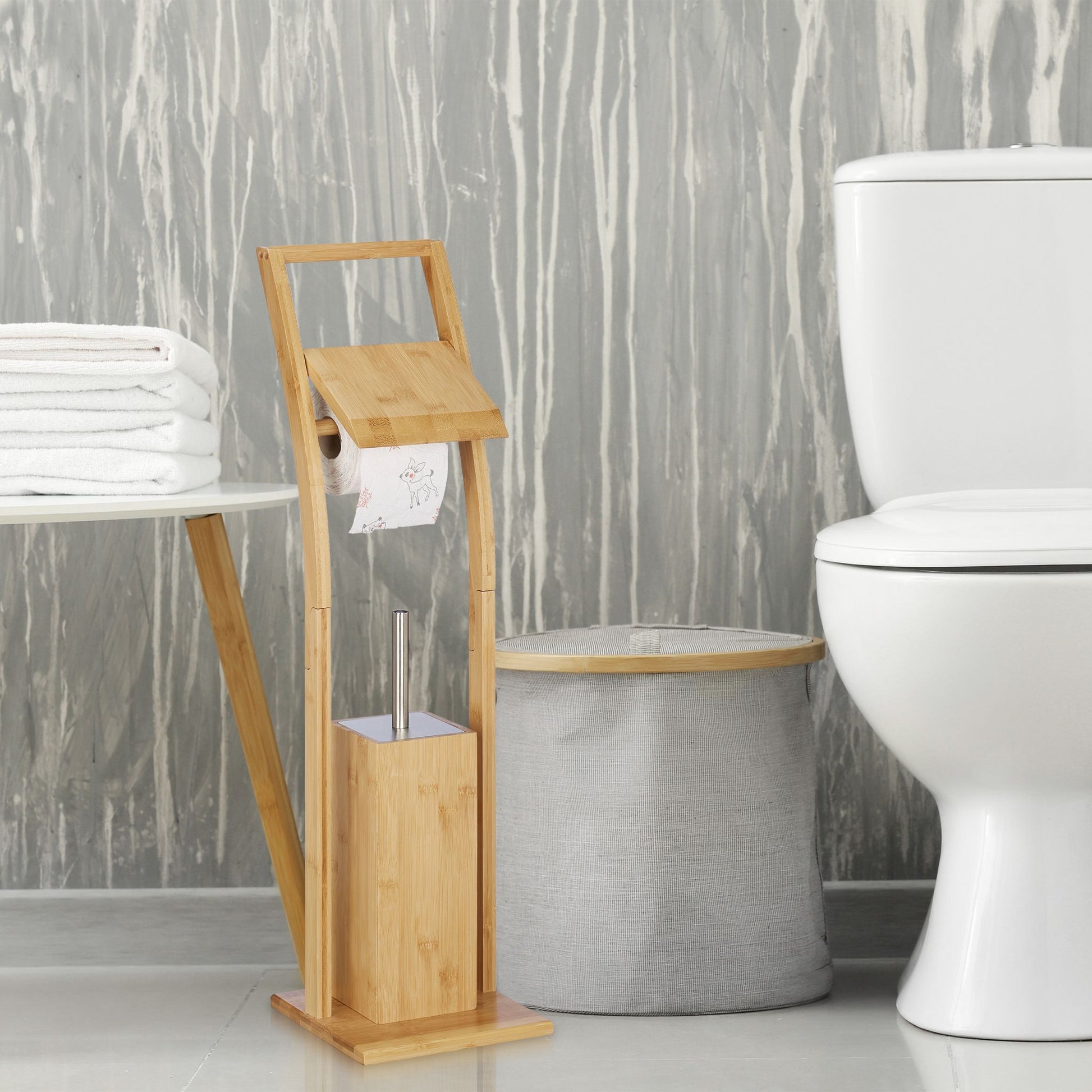 WC Garnitur Bambus Weiss-Hellbraun-Silber von Relaxdays