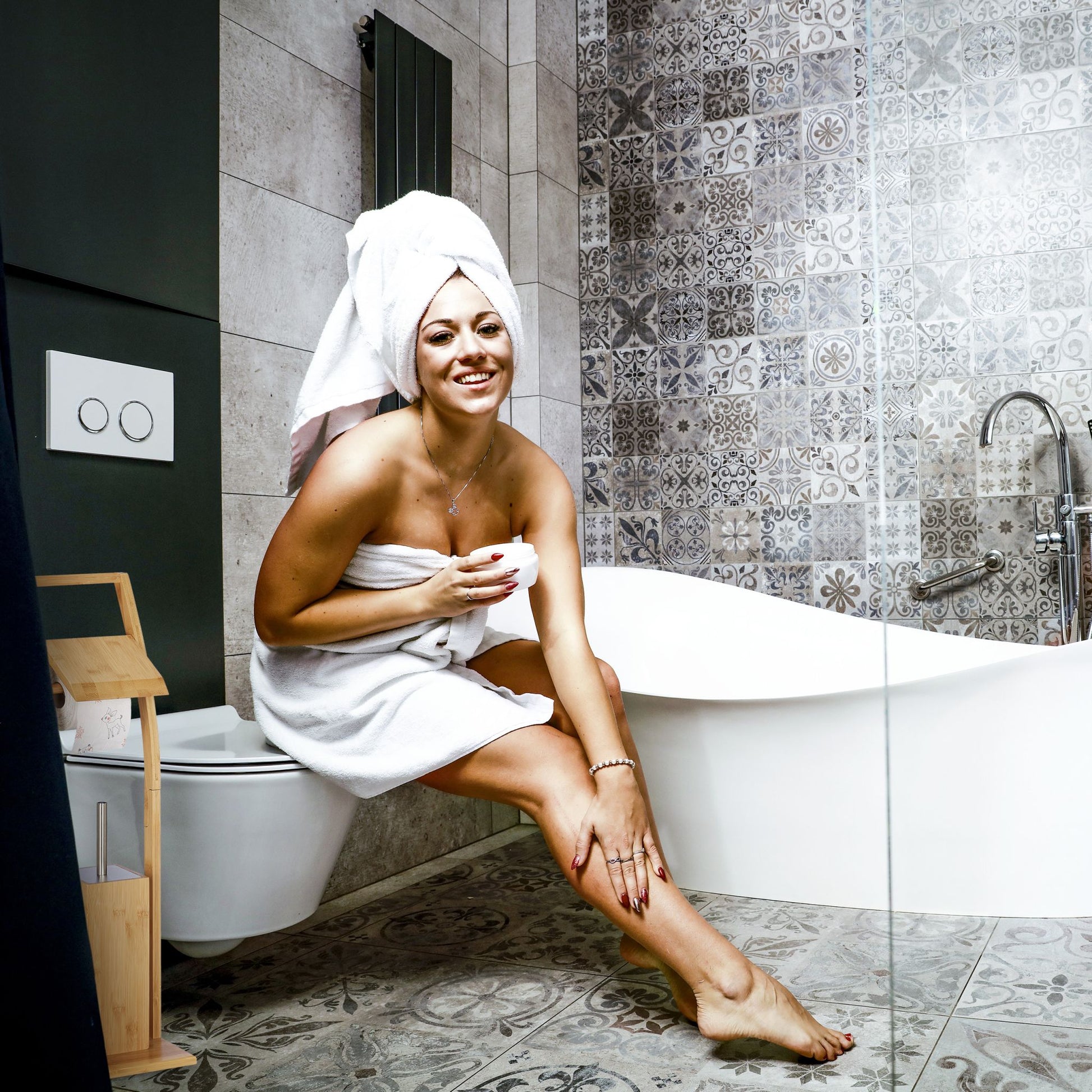 WC Garnitur Bambus Weiss-Hellbraun-Silber von Relaxdays