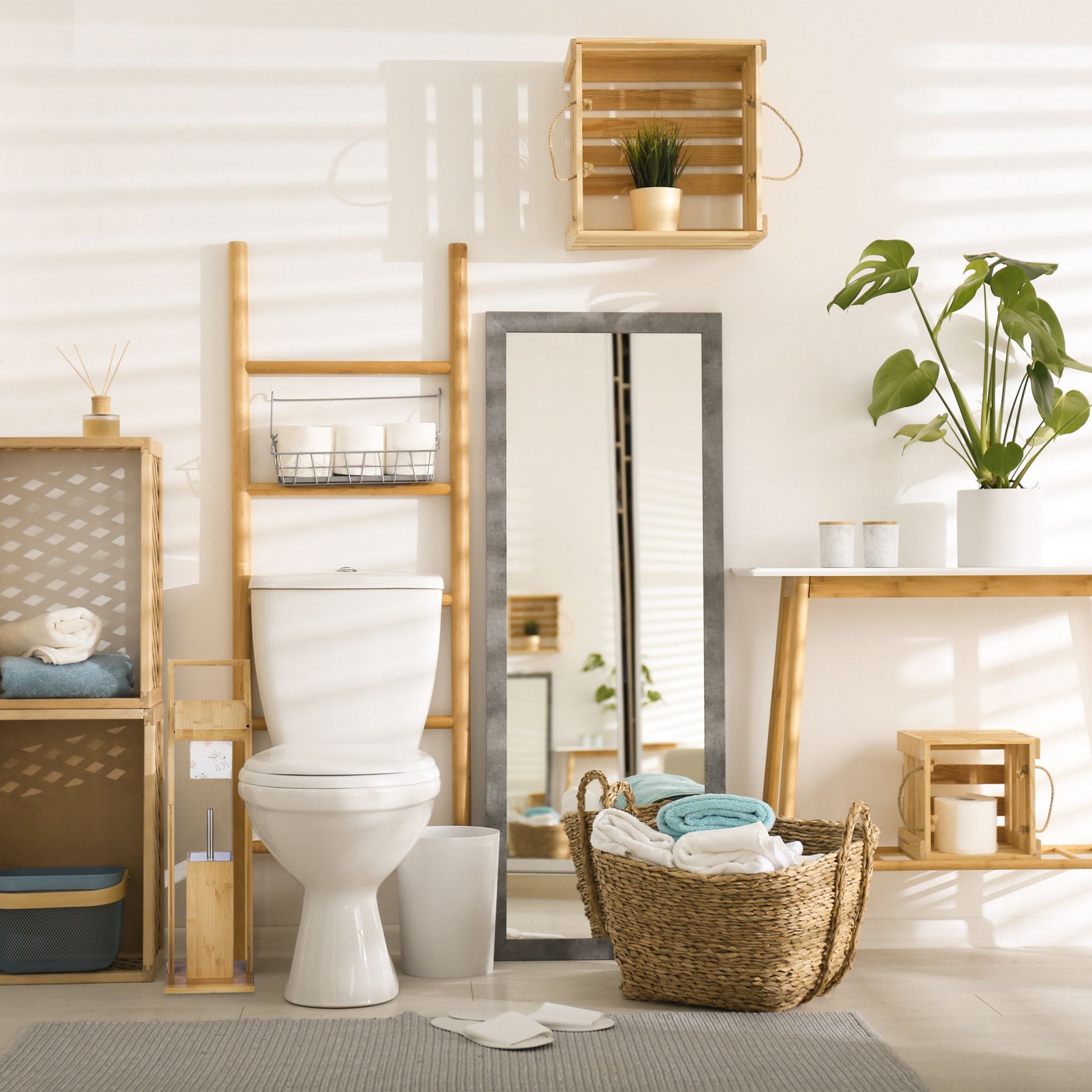 WC Garnitur Bambus Weiss-Hellbraun-Silber von Relaxdays