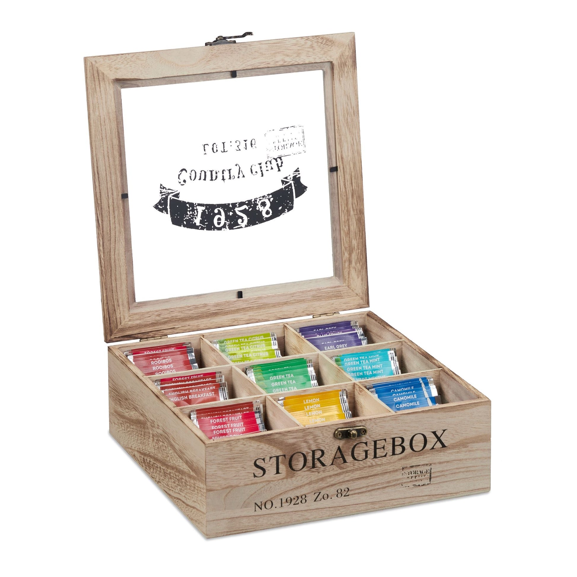 Teebox Holz 9 Fächer Hellbraun von Relaxdays
