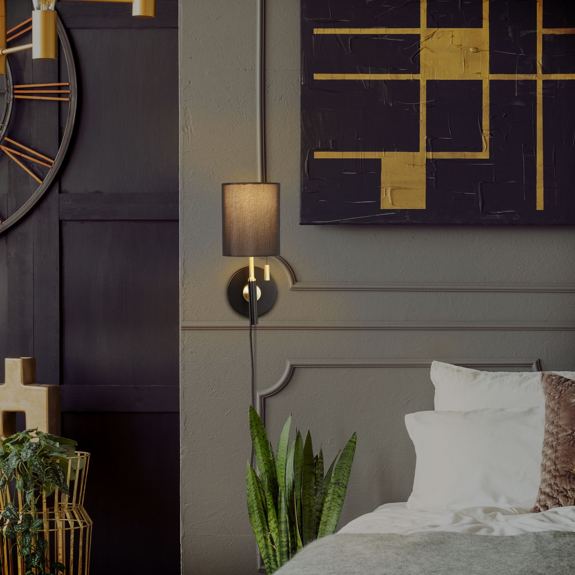 Wandleuchte mit Stoffschirm Gold-Schwarz von Relaxdays