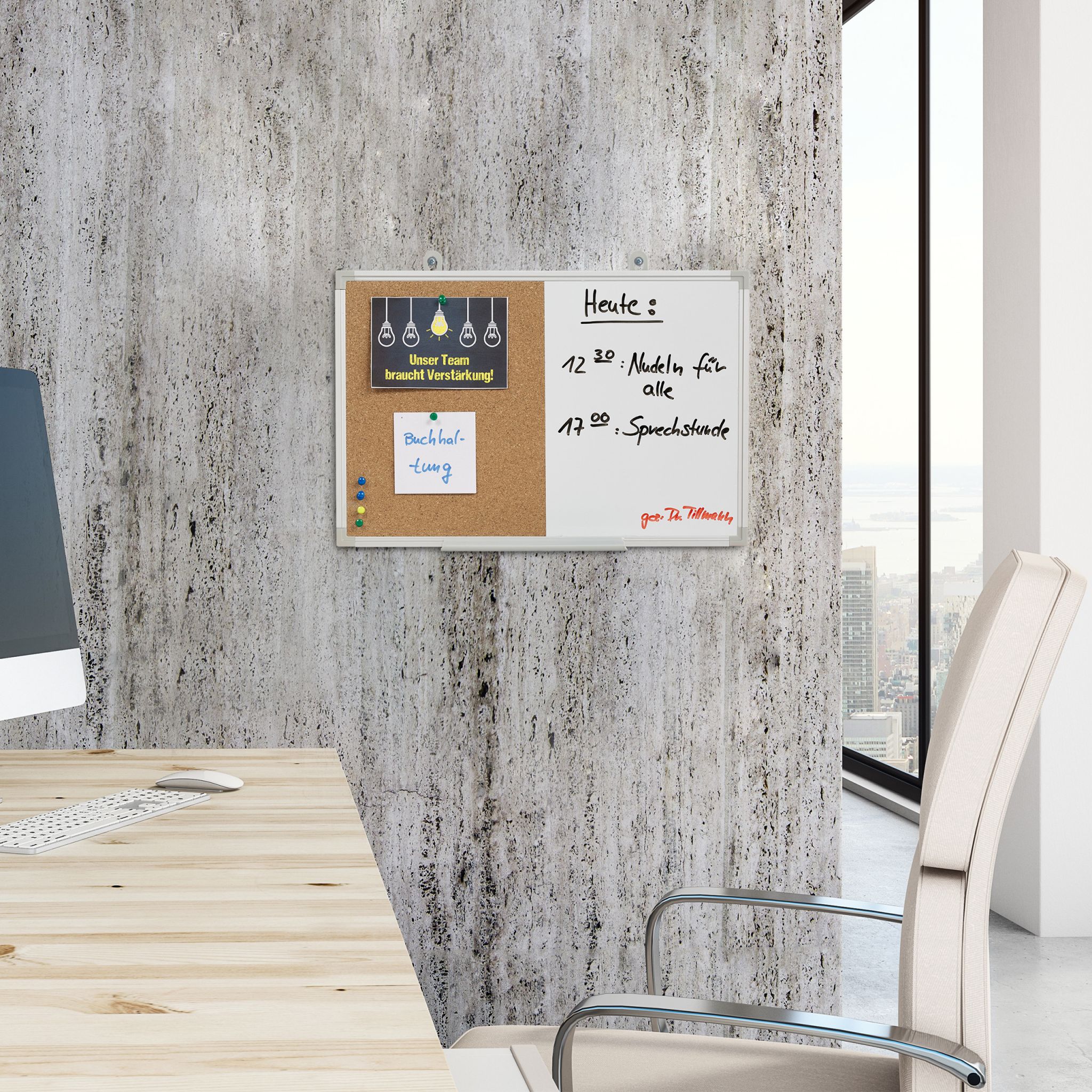 Kombitafel Pinnwand & Magnettafel Weiss-Hellbraun-Silber von Relaxdays