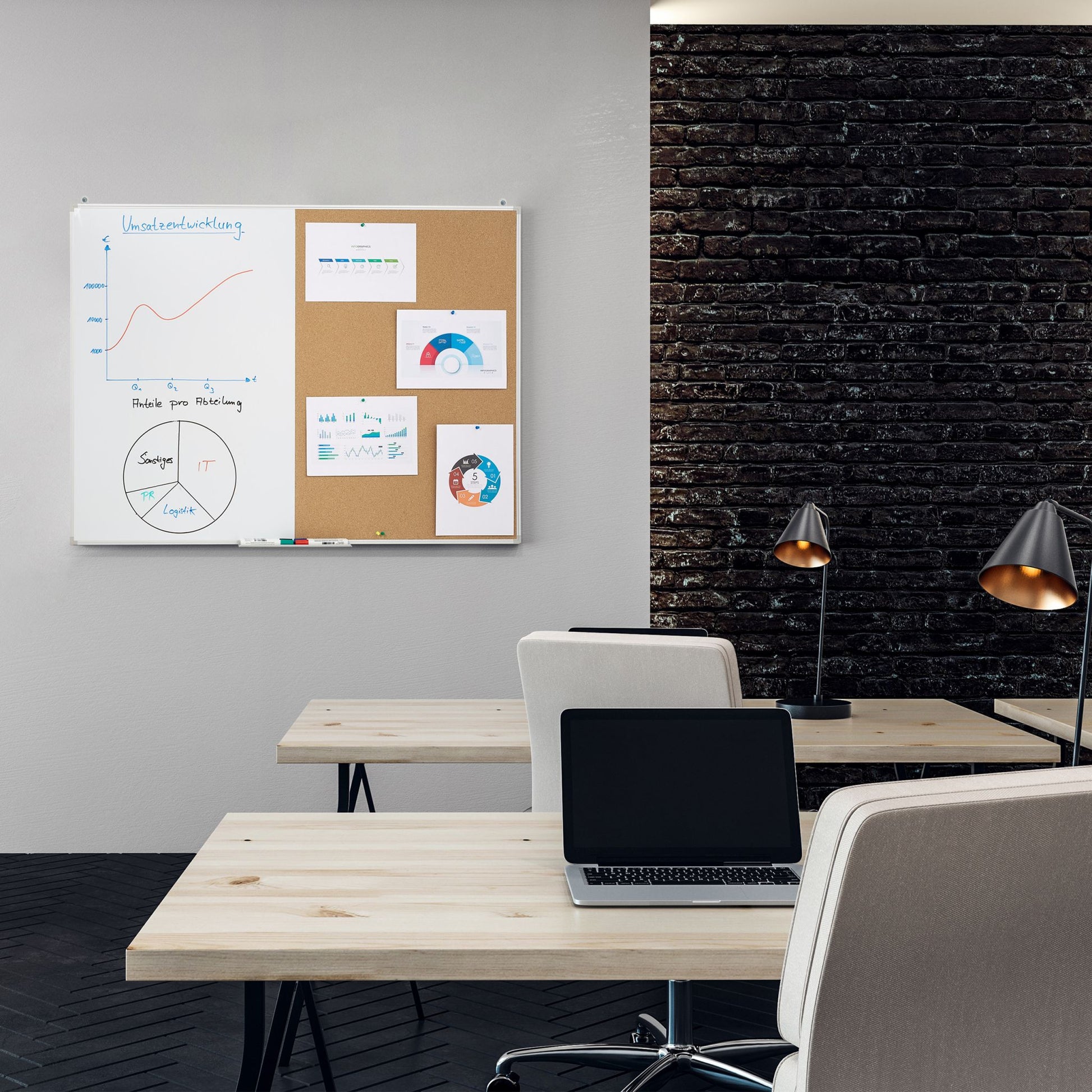 Kombitafel Pinnwand & Magnettafel Weiss-Hellbraun-Silber von Relaxdays