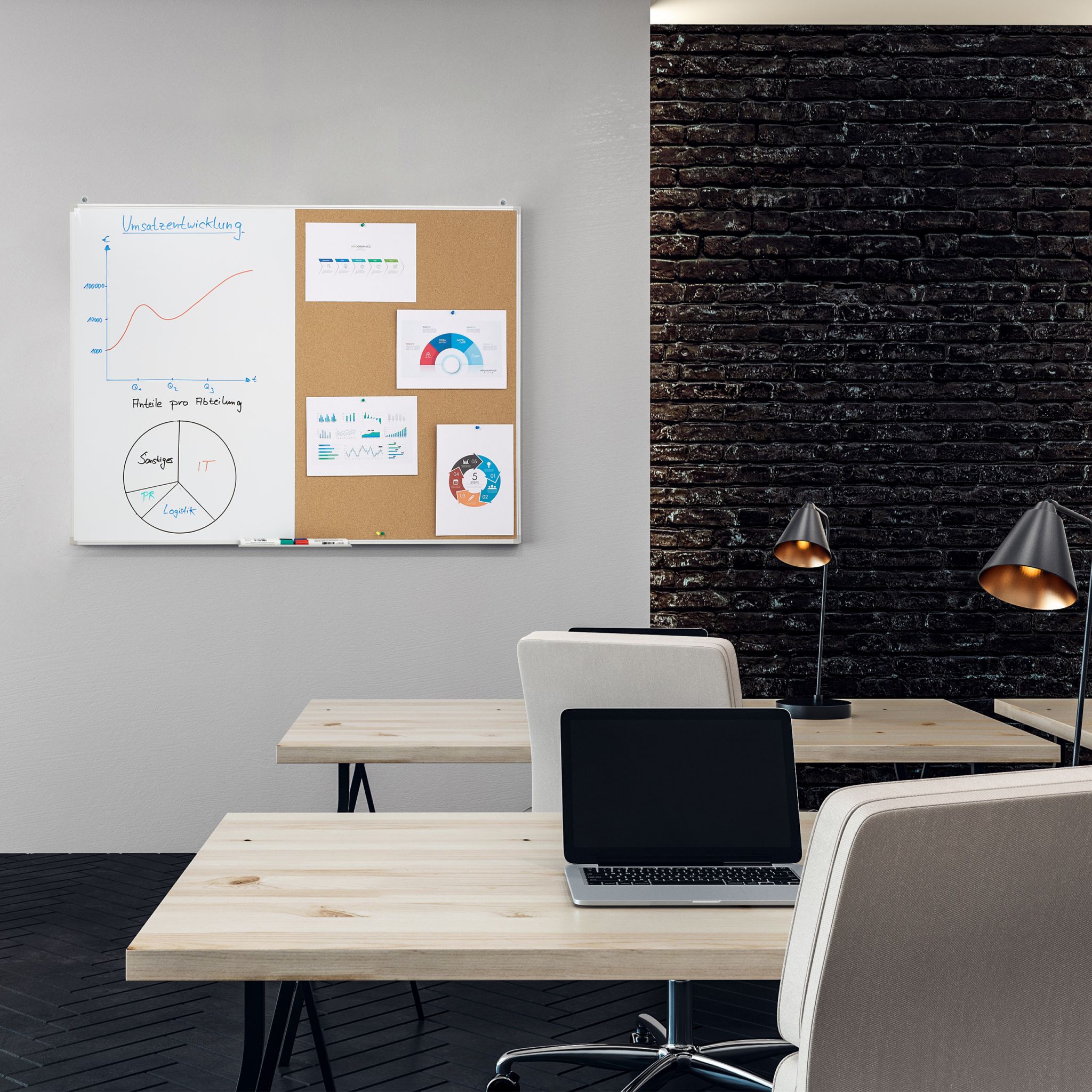 Kombitafel Pinnwand & Magnettafel Weiss-Hellbraun-Silber von Relaxdays