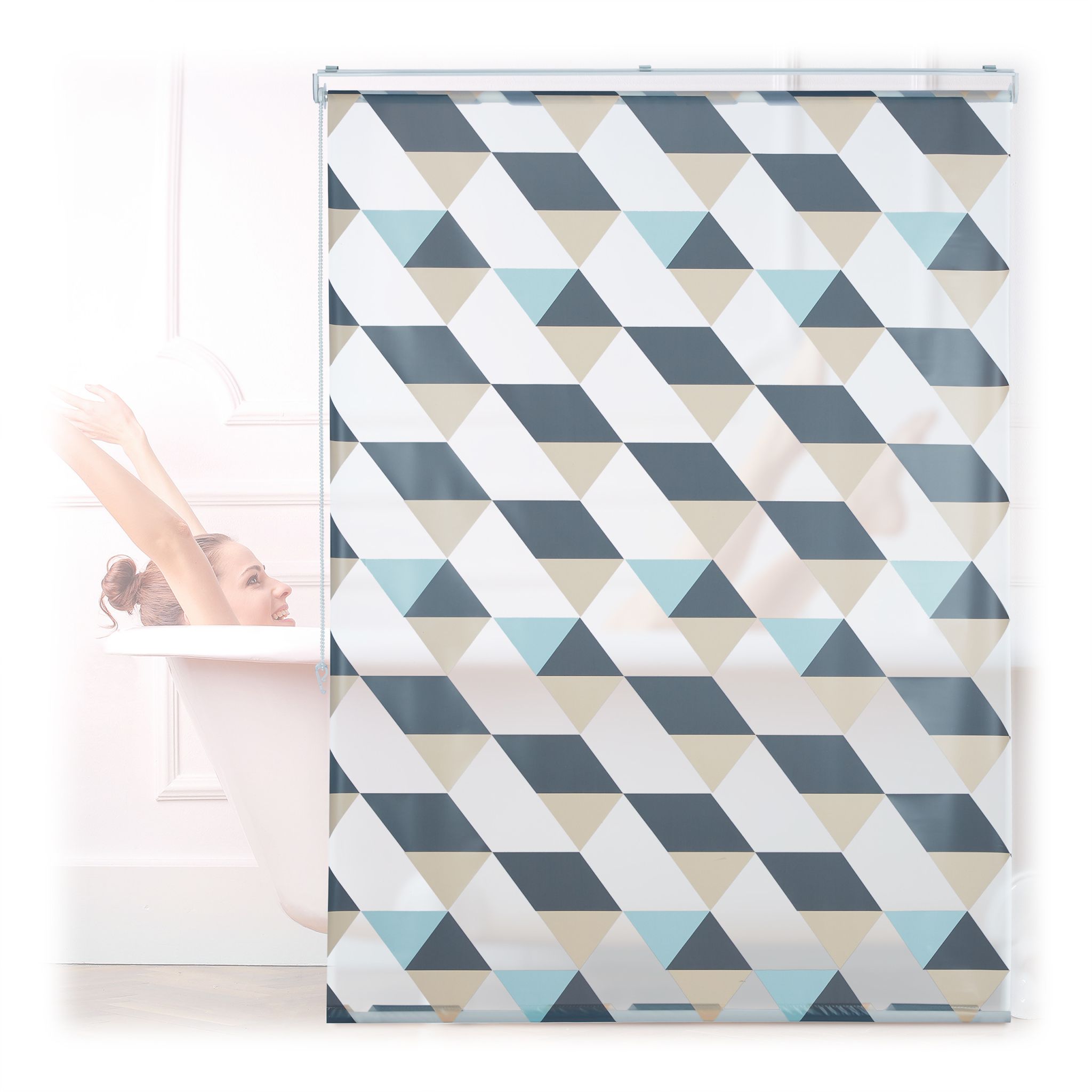 Duschrollo mit geometrischem Design Beige-Blau-Grau von Relaxdays
