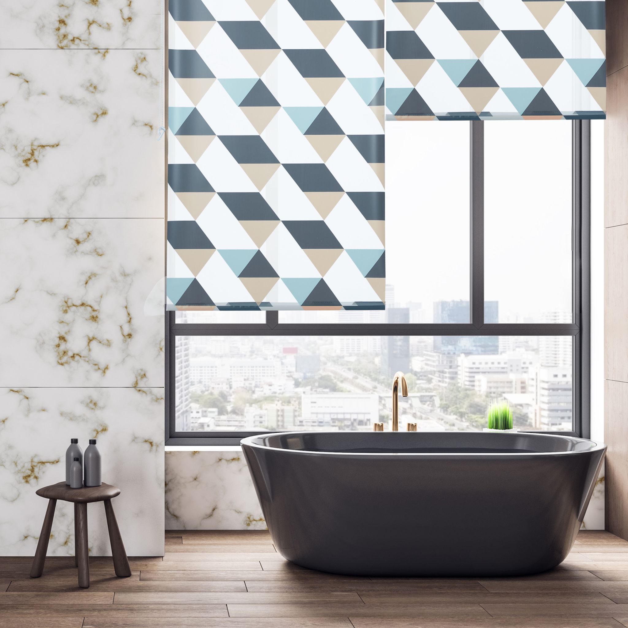 Duschrollo mit geometrischem Design Beige-Blau-Grau von Relaxdays