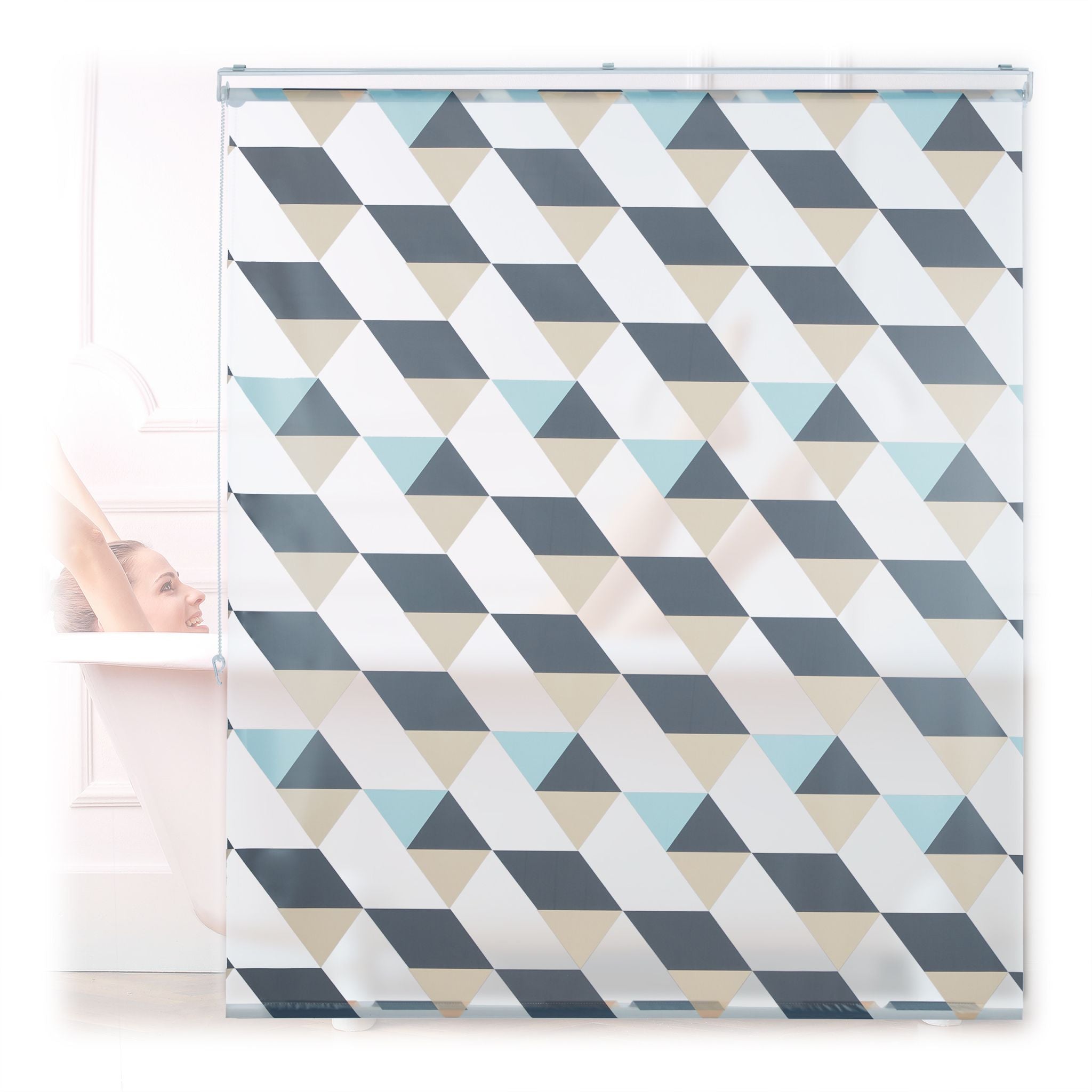 Duschrollo mit geometrischem Design Beige-Blau-Grau von Relaxdays