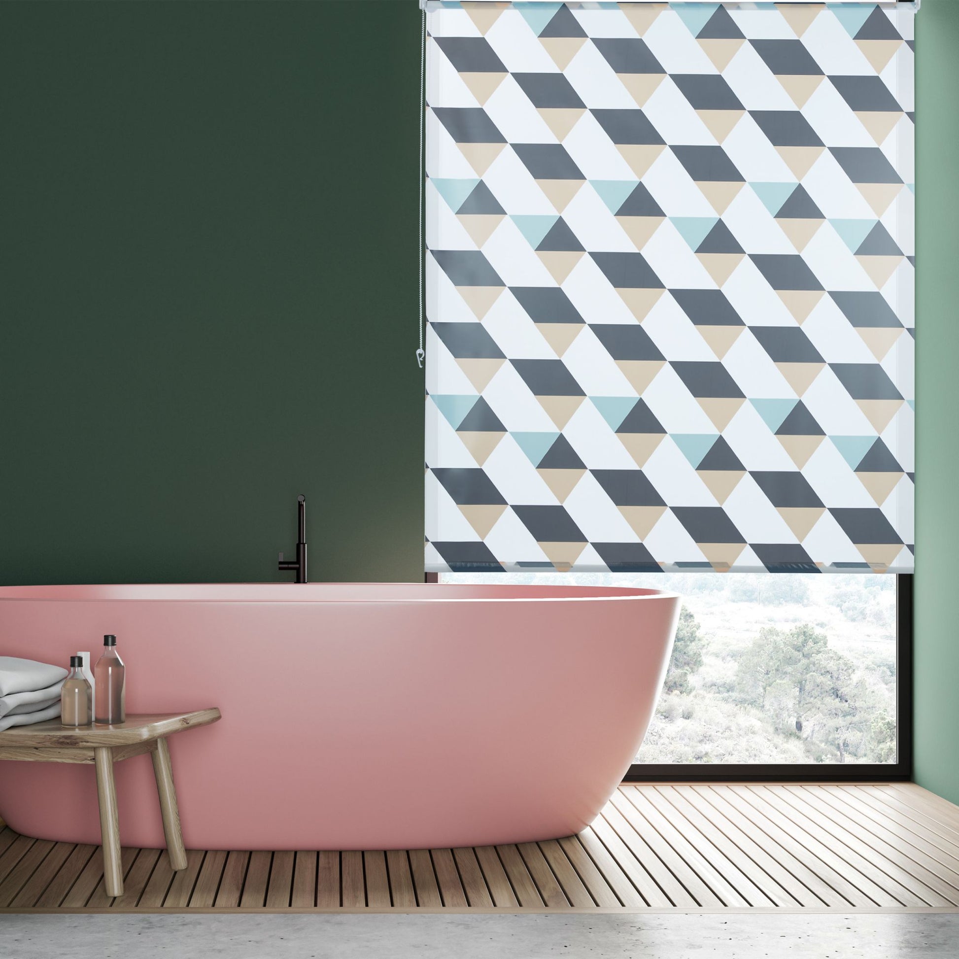 Duschrollo mit geometrischem Design Beige-Blau-Grau von Relaxdays