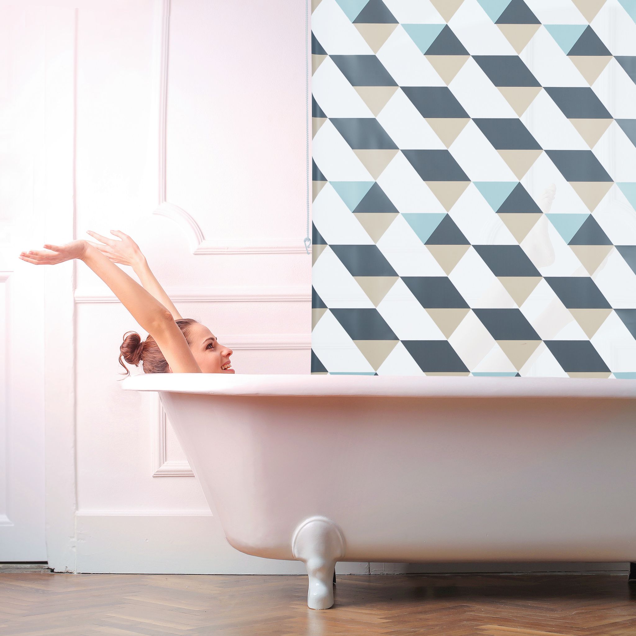 Duschrollo mit geometrischem Design Beige-Blau-Grau von Relaxdays