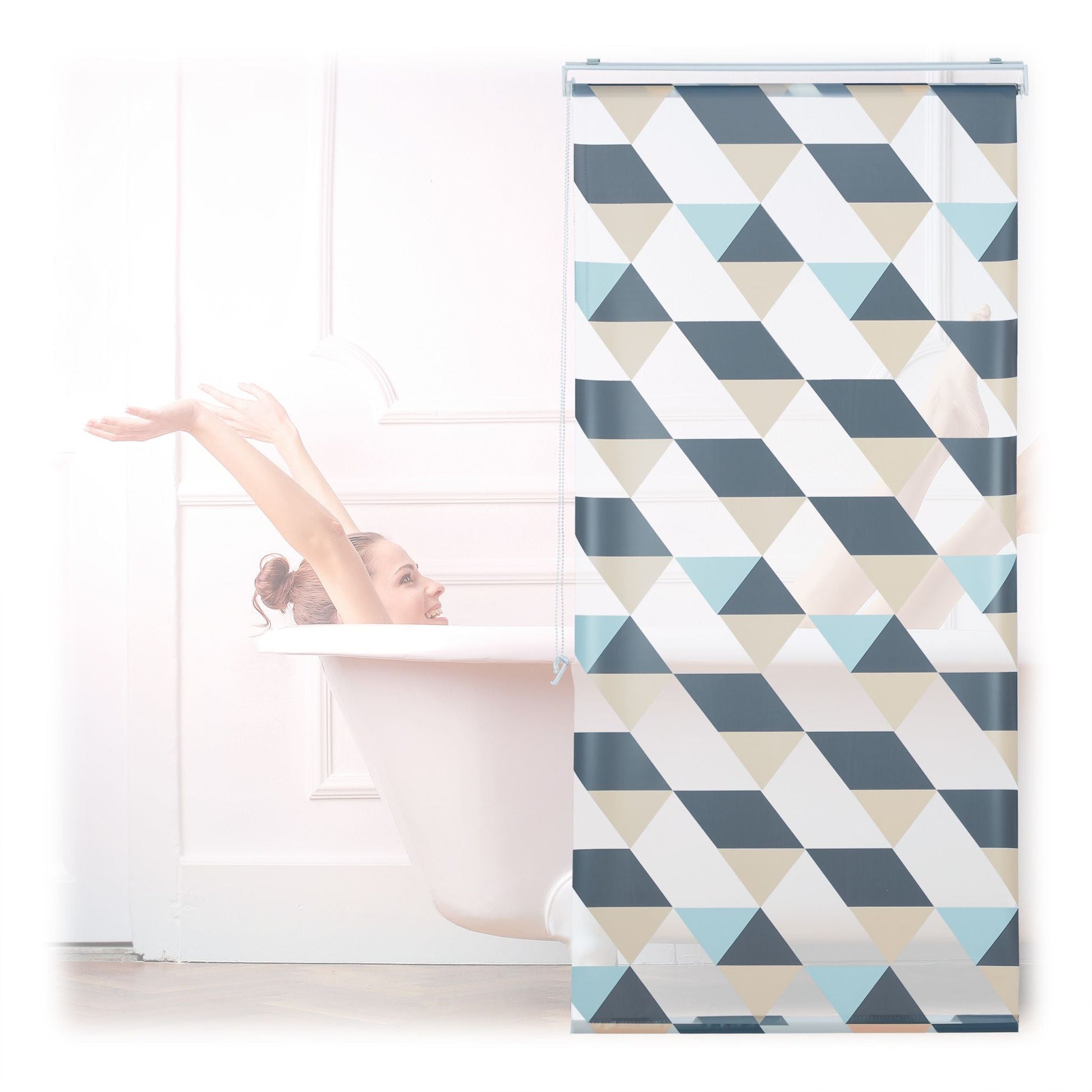 Duschrollo mit geometrischem Design Beige-Blau-Grau von Relaxdays