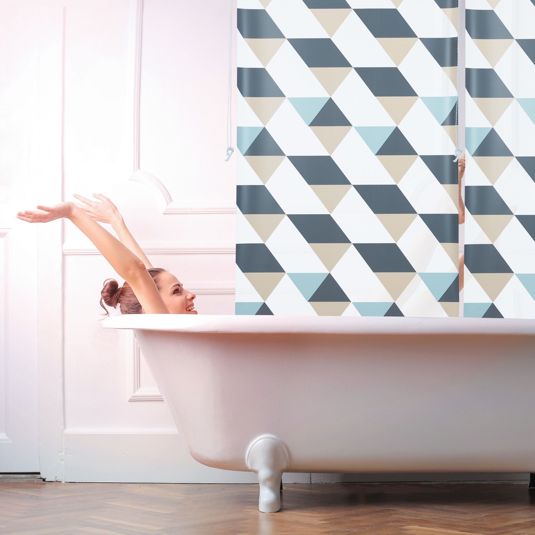 Duschrollo mit geometrischem Design Beige-Blau-Grau von Relaxdays