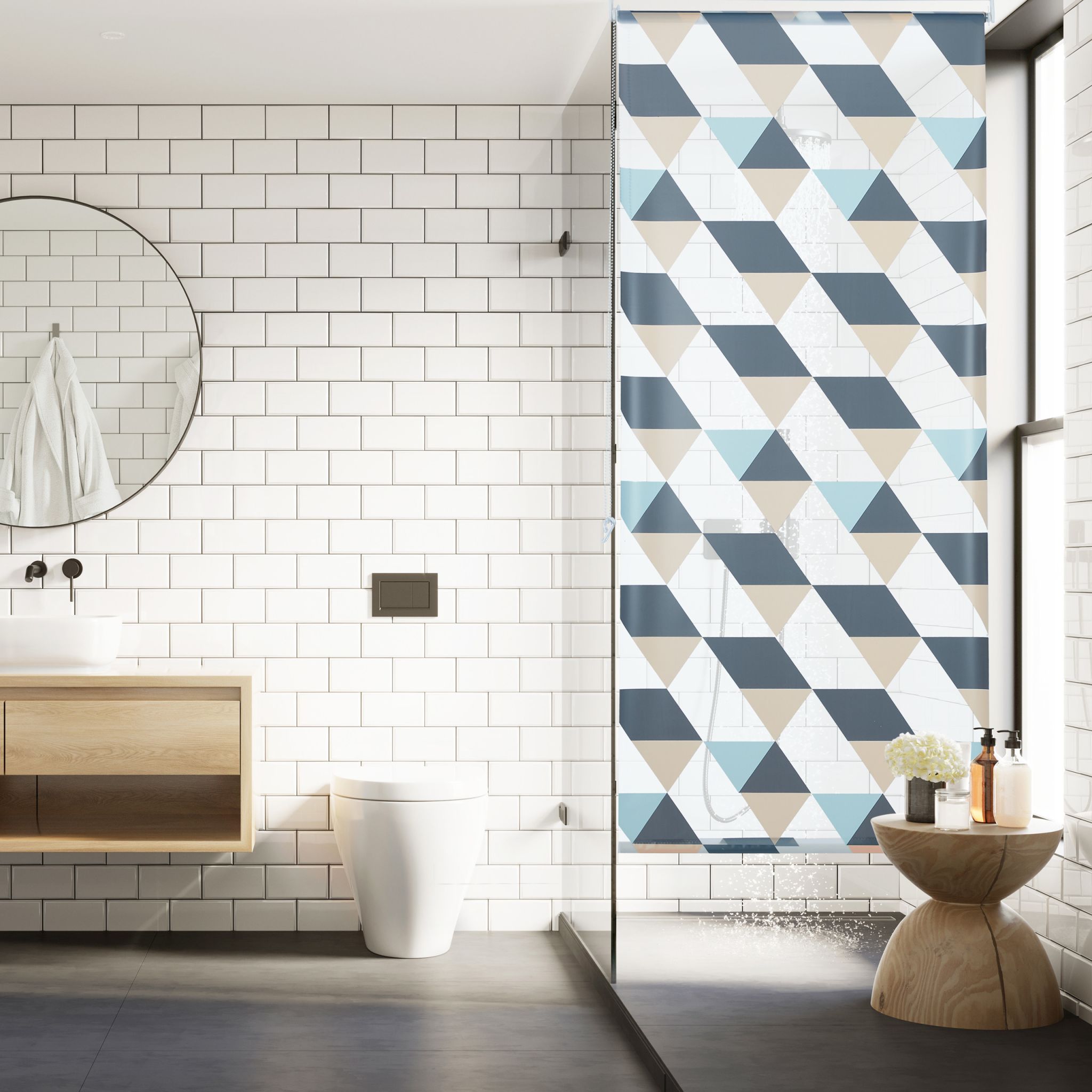 Duschrollo mit geometrischem Design Beige-Blau-Grau von Relaxdays