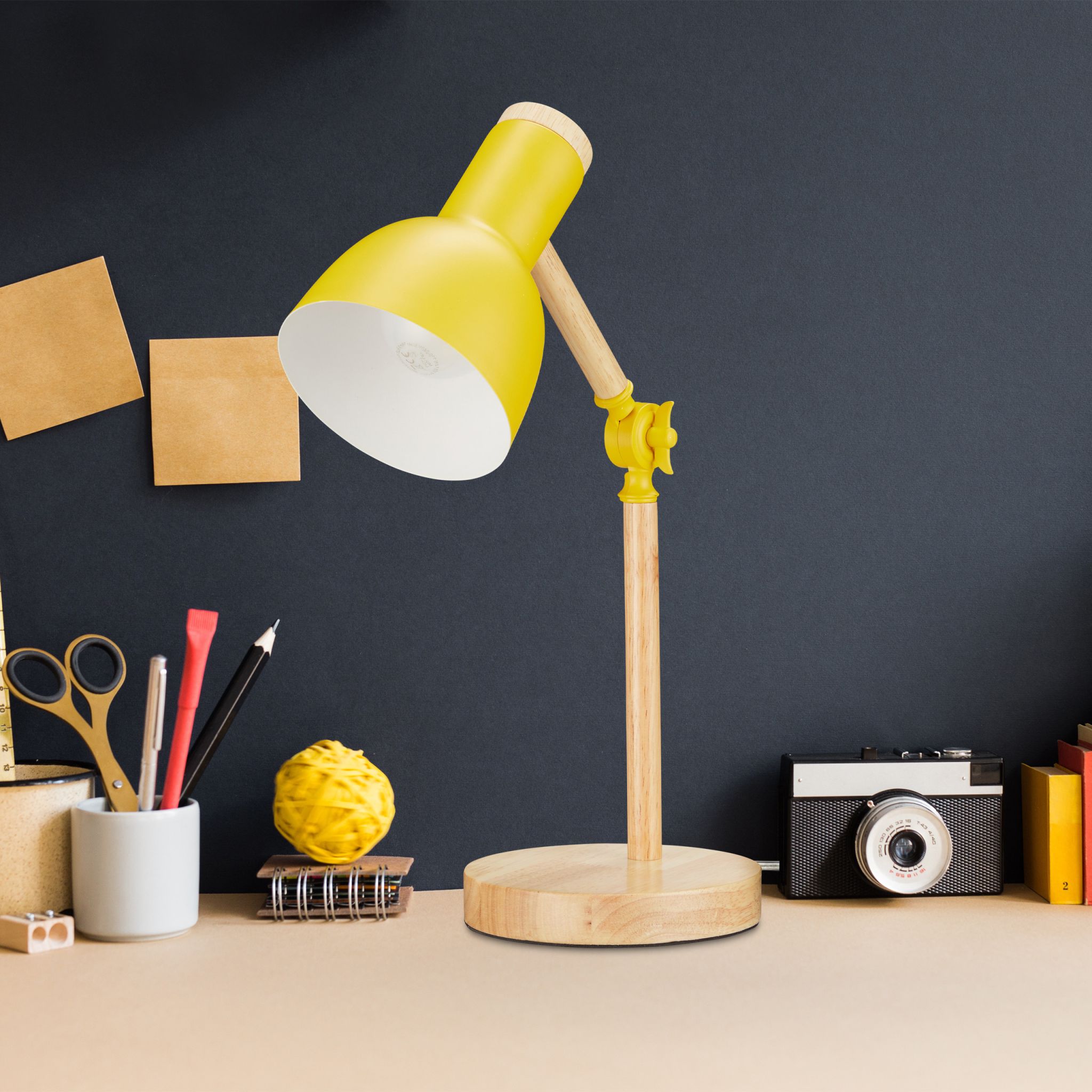 Schreibtischlampe Holz verstellbar Weiss-Gelb-Hellbraun von Relaxdays